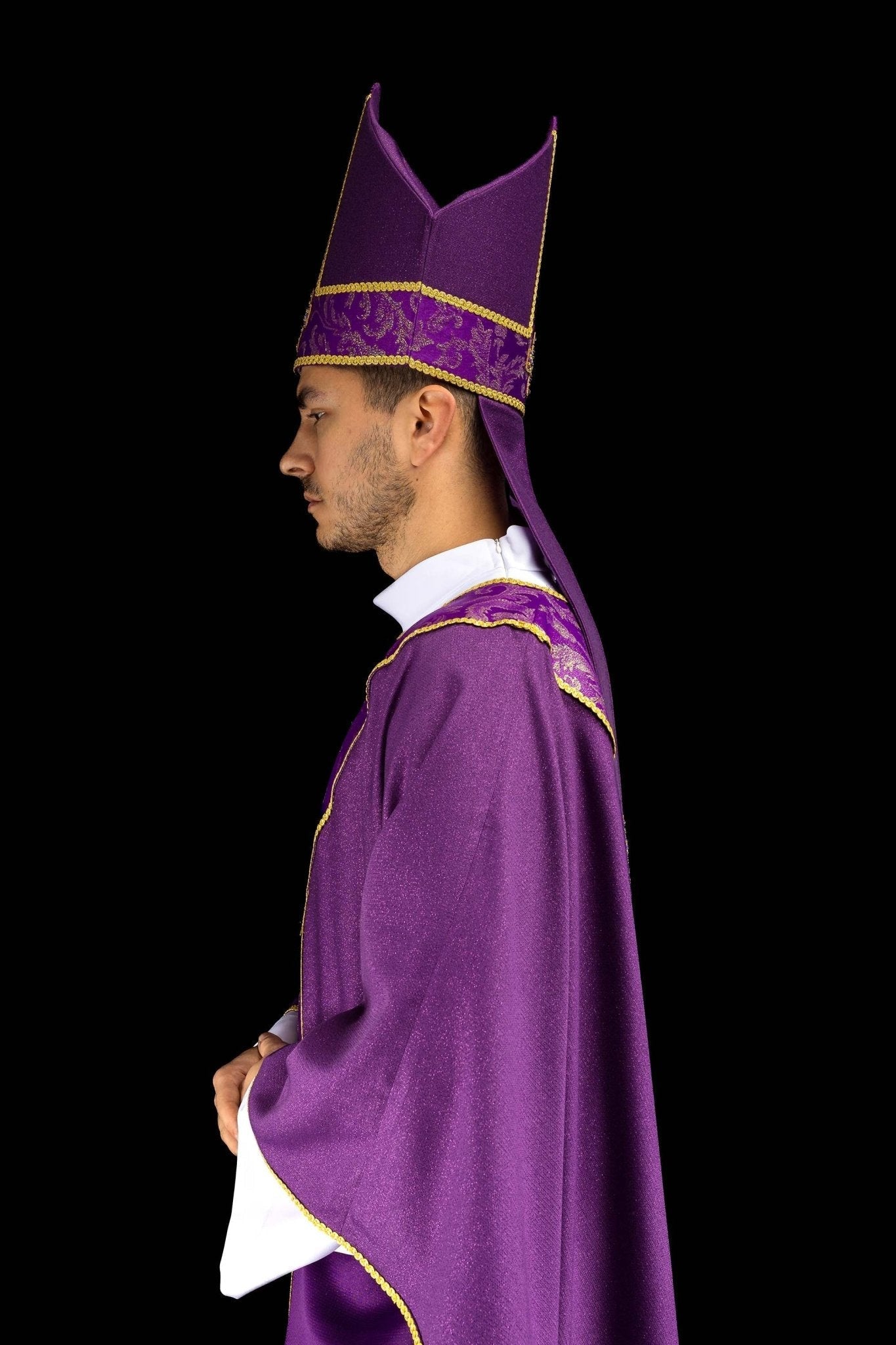 Purple mitre with embroidered cross and jacquard fabric - HAFTINA ATELIER