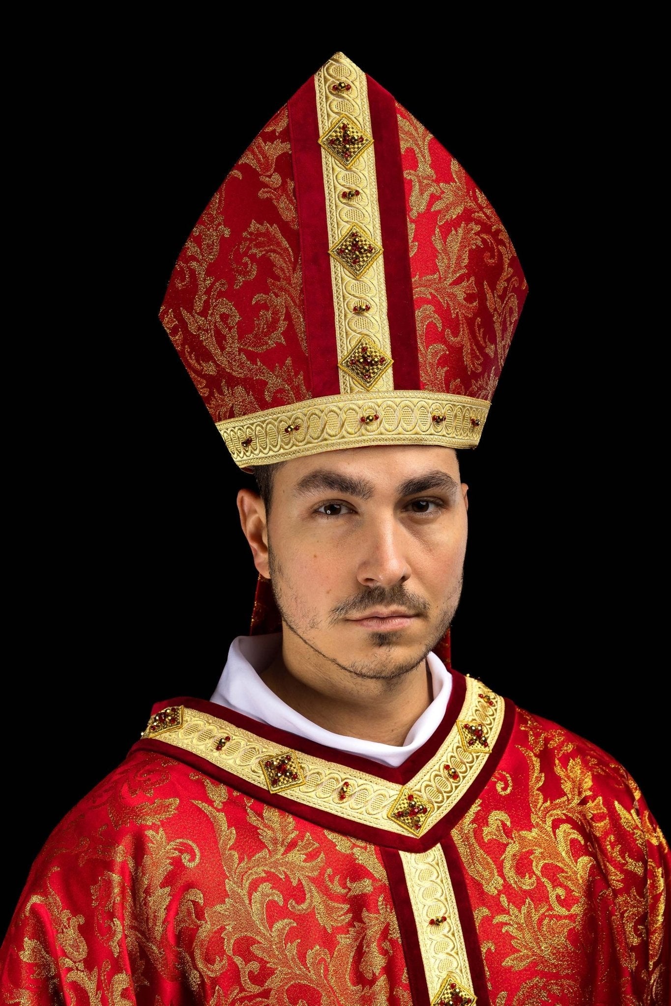 Red Handmade Bishop's Mitre with Natural Stones and Gold Embroidery
