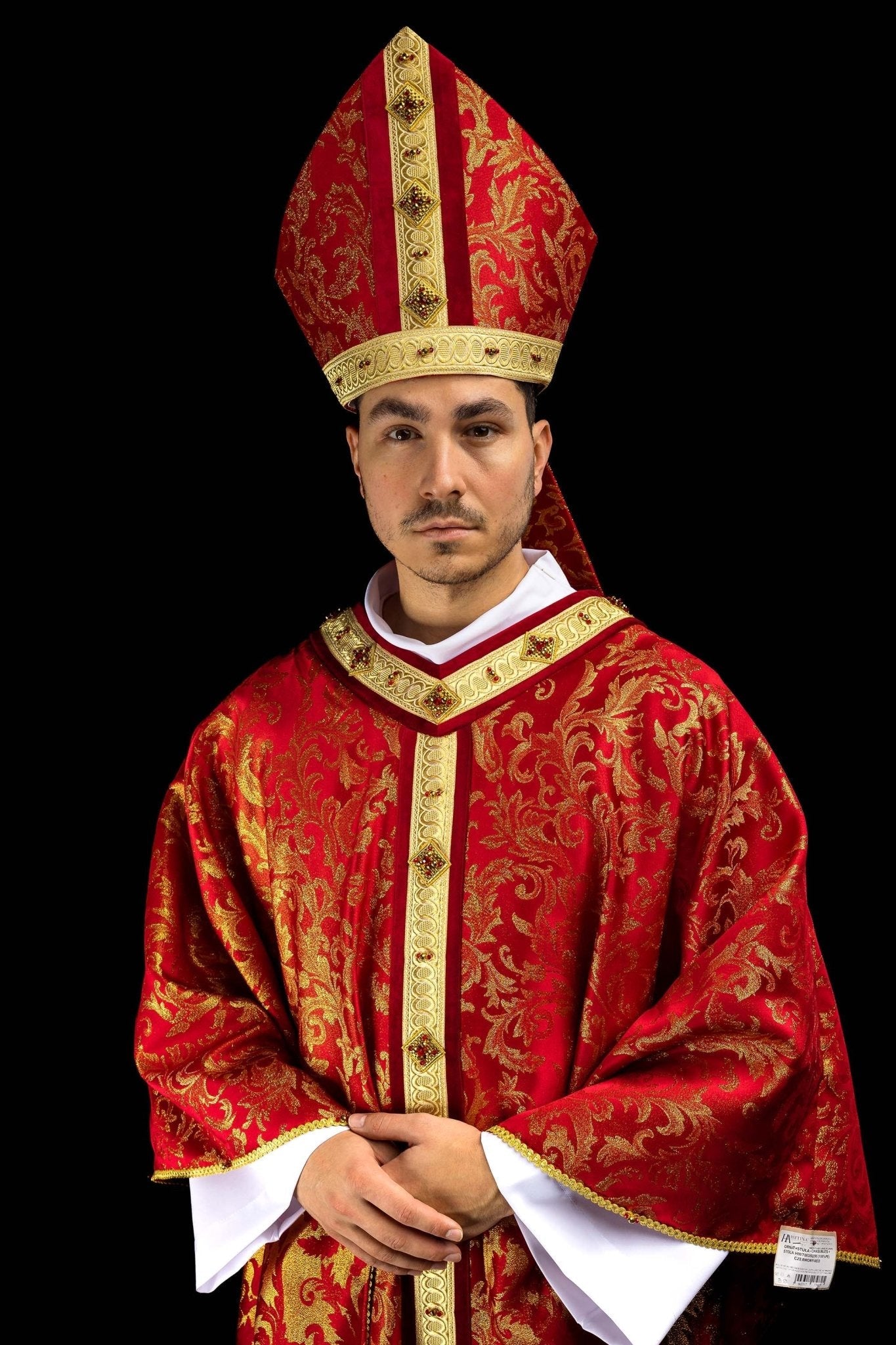 Red Handmade Bishop's Mitre with Natural Stones and Gold Embroidery