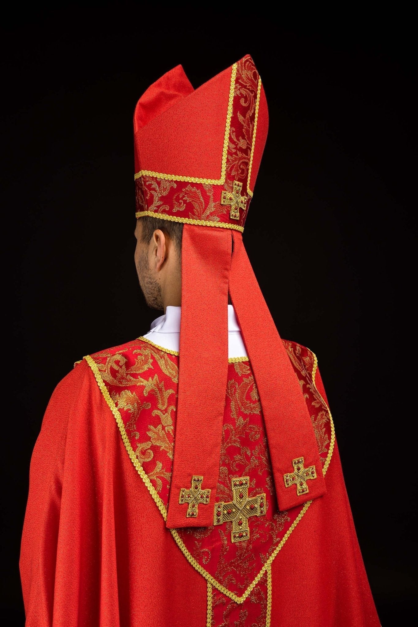 Red Embroidered Mitre with Cross and Jacquard Fabric - HAFTINA ATELIER