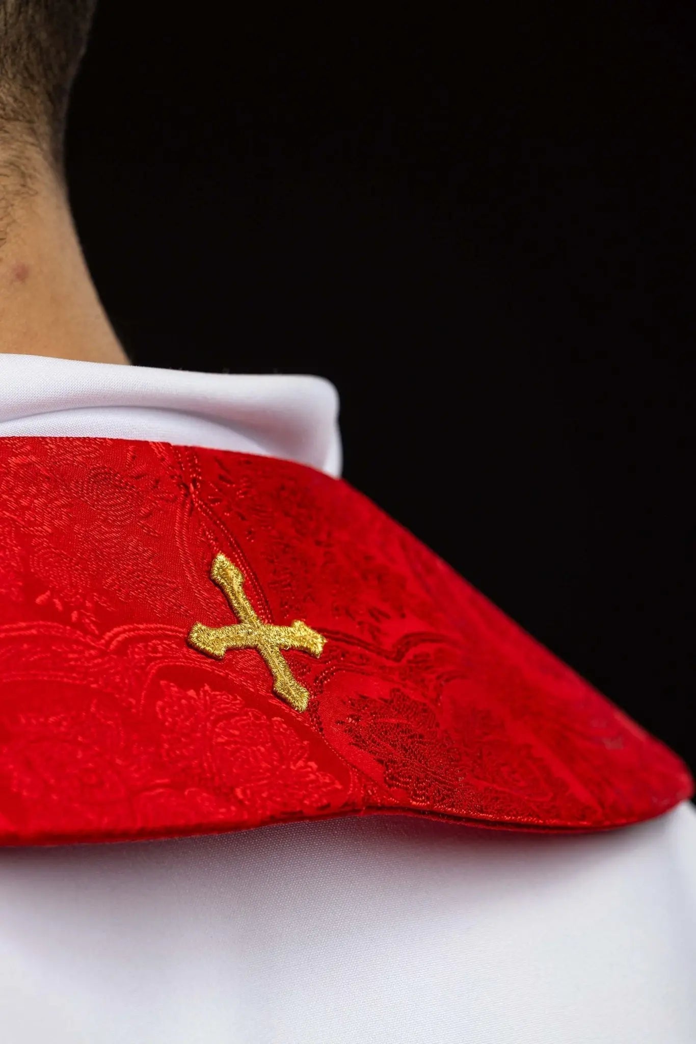 Red Embroidered Stole with Cross Motif, Jacquard Fabric - HAFTINA ATELIER