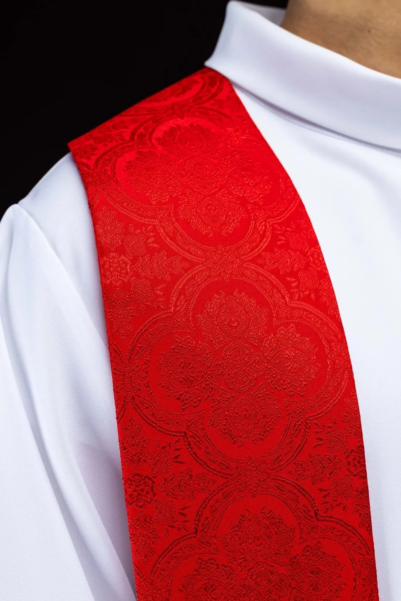 Red Jacquard Stole with Embroidered Cross - HAFTINA ATELIER