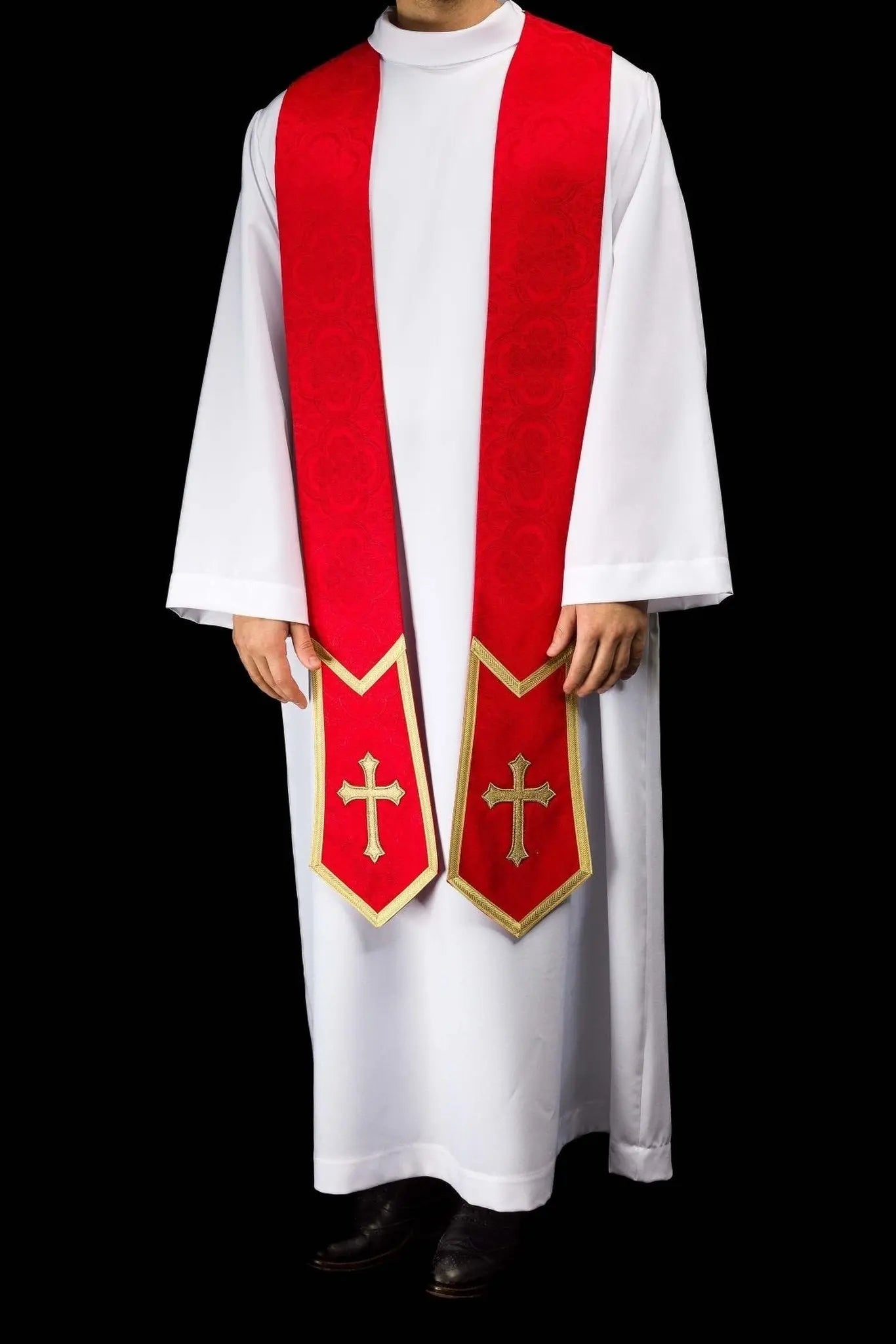 Red Jacquard Stole with Embroidered Cross - HAFTINA ATELIER