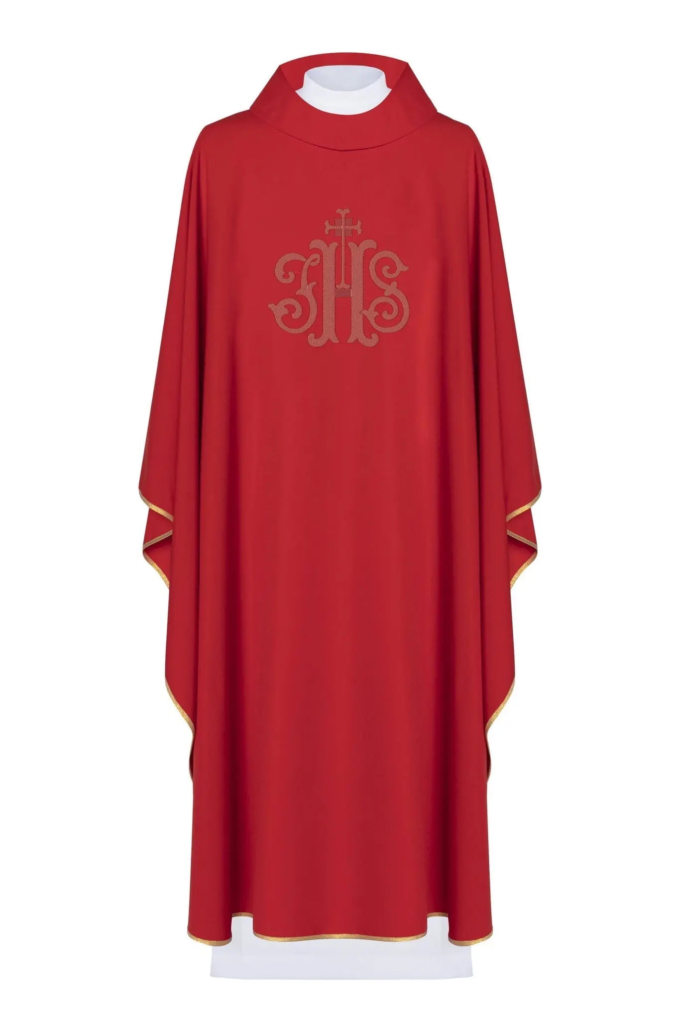 Red liturgical chasuble embroidered IHS with wide collar - HAFTINA ATELIER