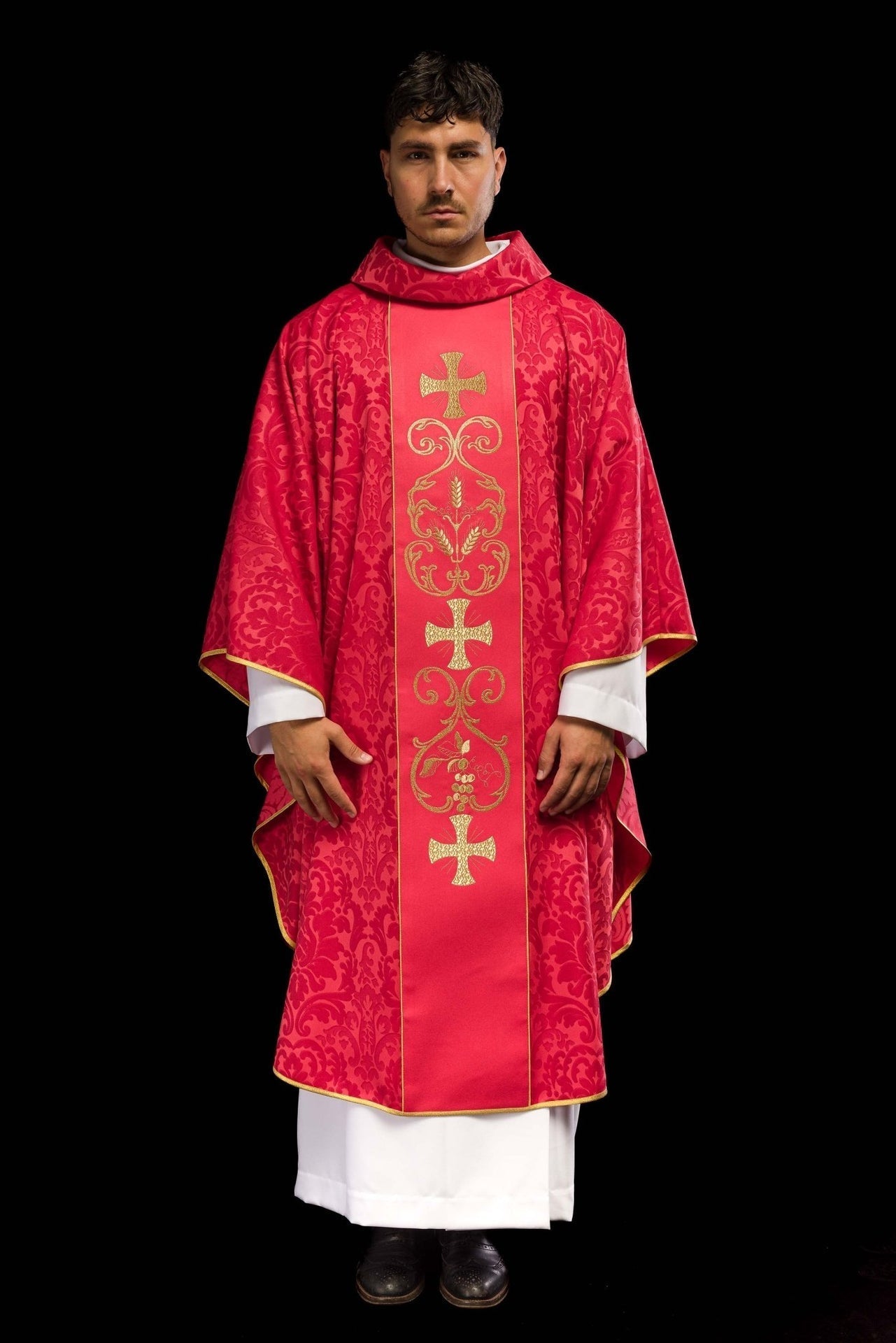 Red Liturgical Chasuble with Embroidered Band - HAFTINA ATELIER