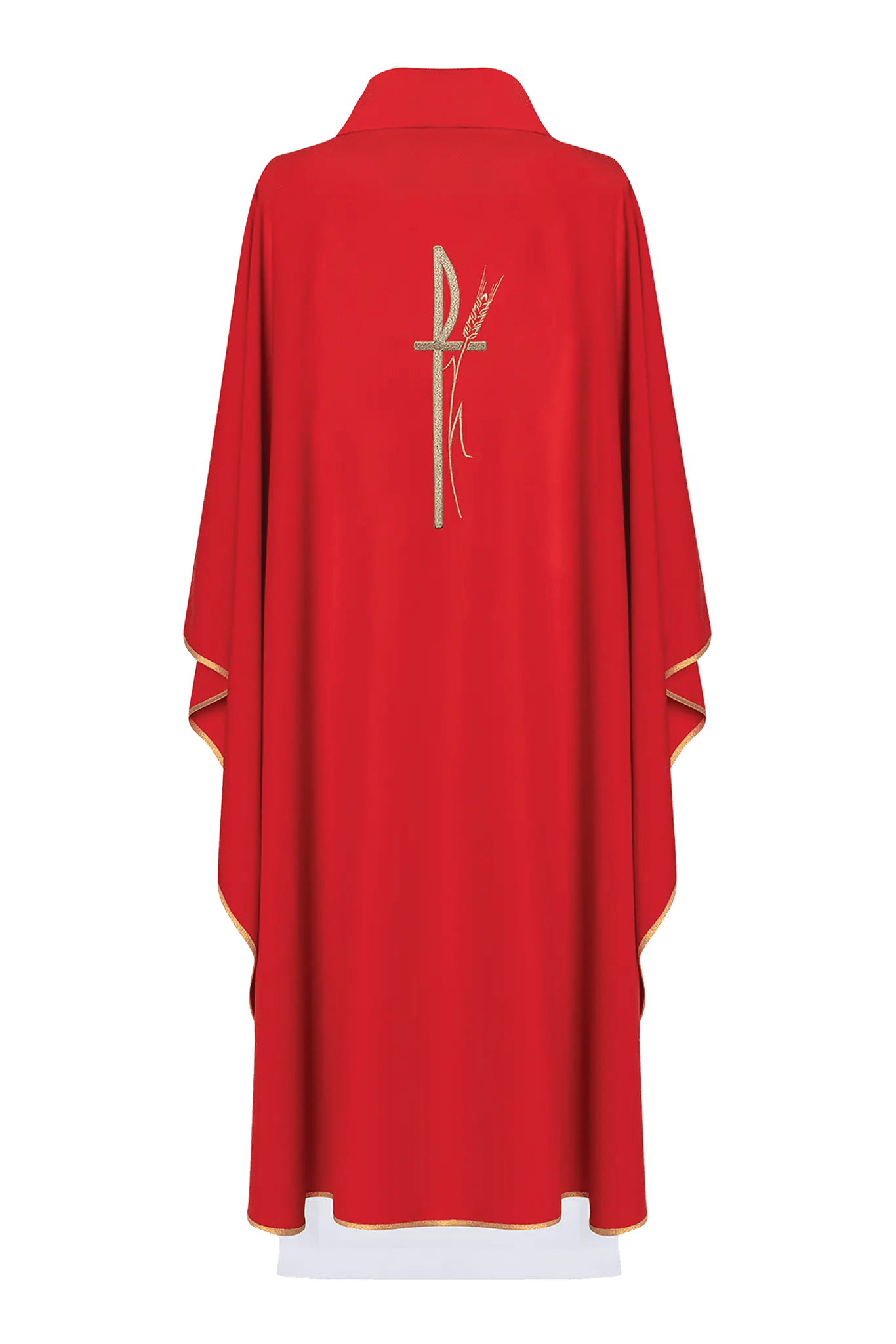 Red liturgical chasuble with wide collar and delicately embroidered cross - HAFTINA ATELIER
