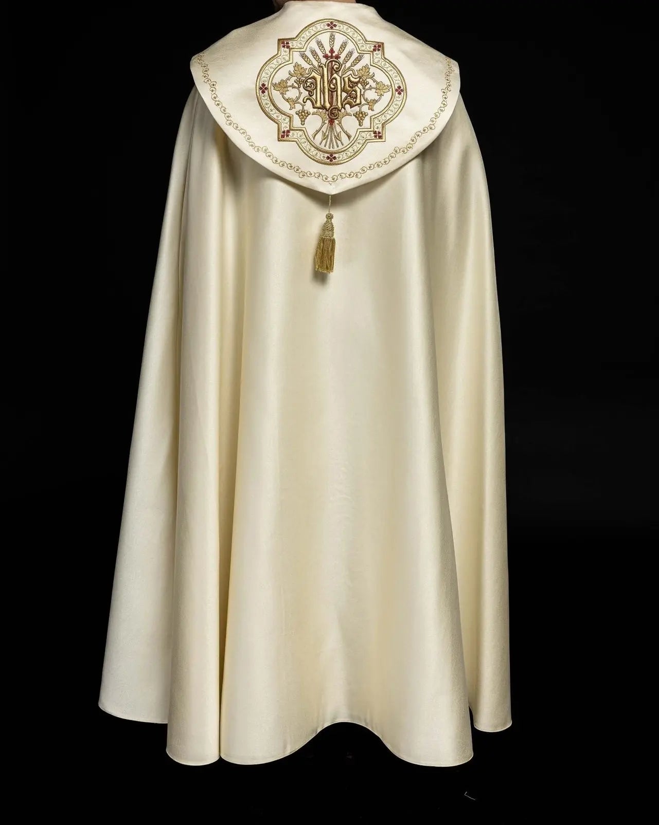 Ecru satin liturgical chapel with embroidered gold IHS
