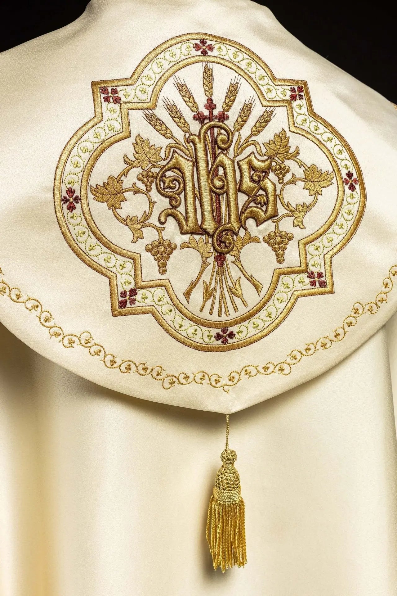 Ecru satin liturgical chapel with embroidered gold IHS
