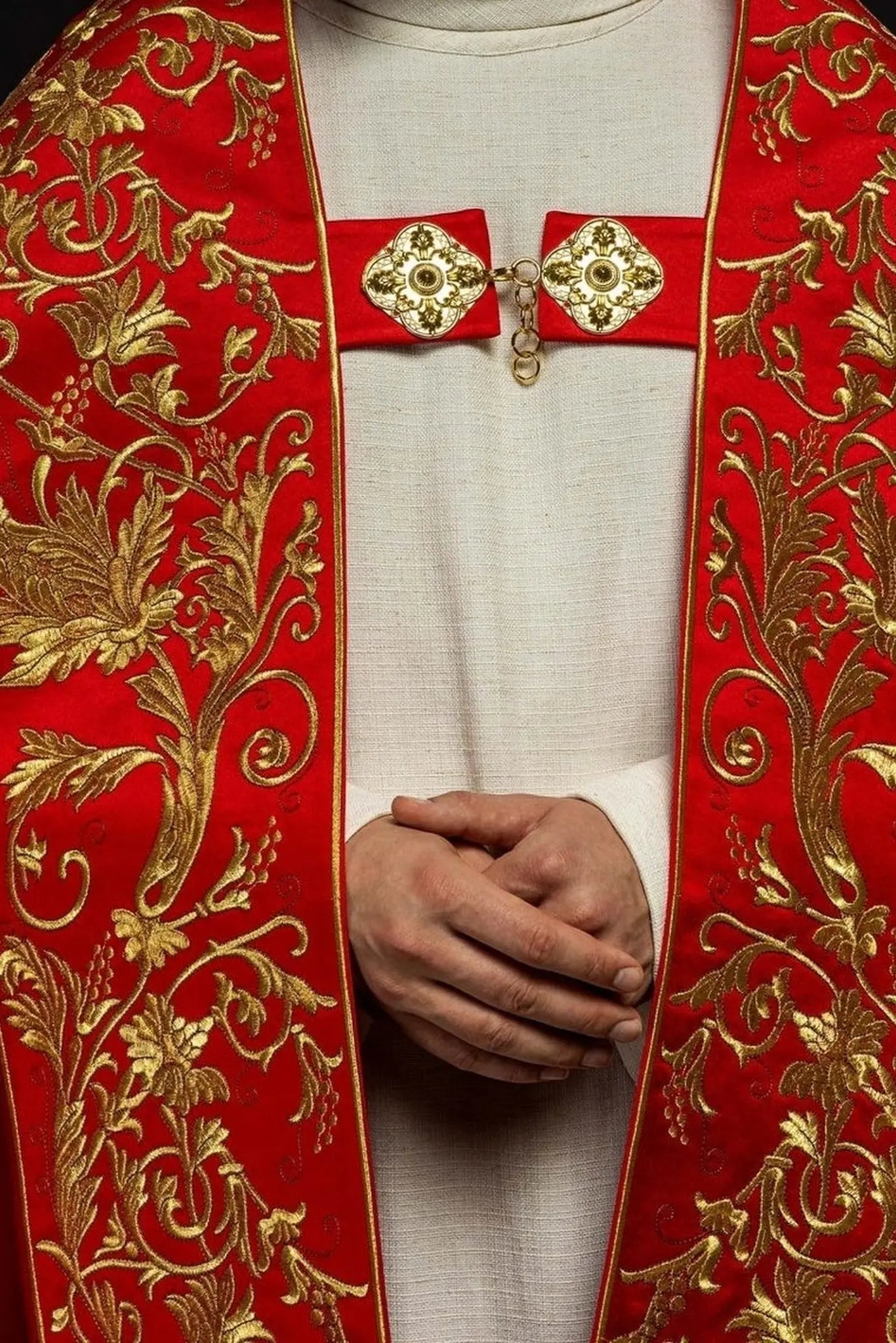 Roman Satin Cope – Red with Embroidered Sacred Heart of Jesus