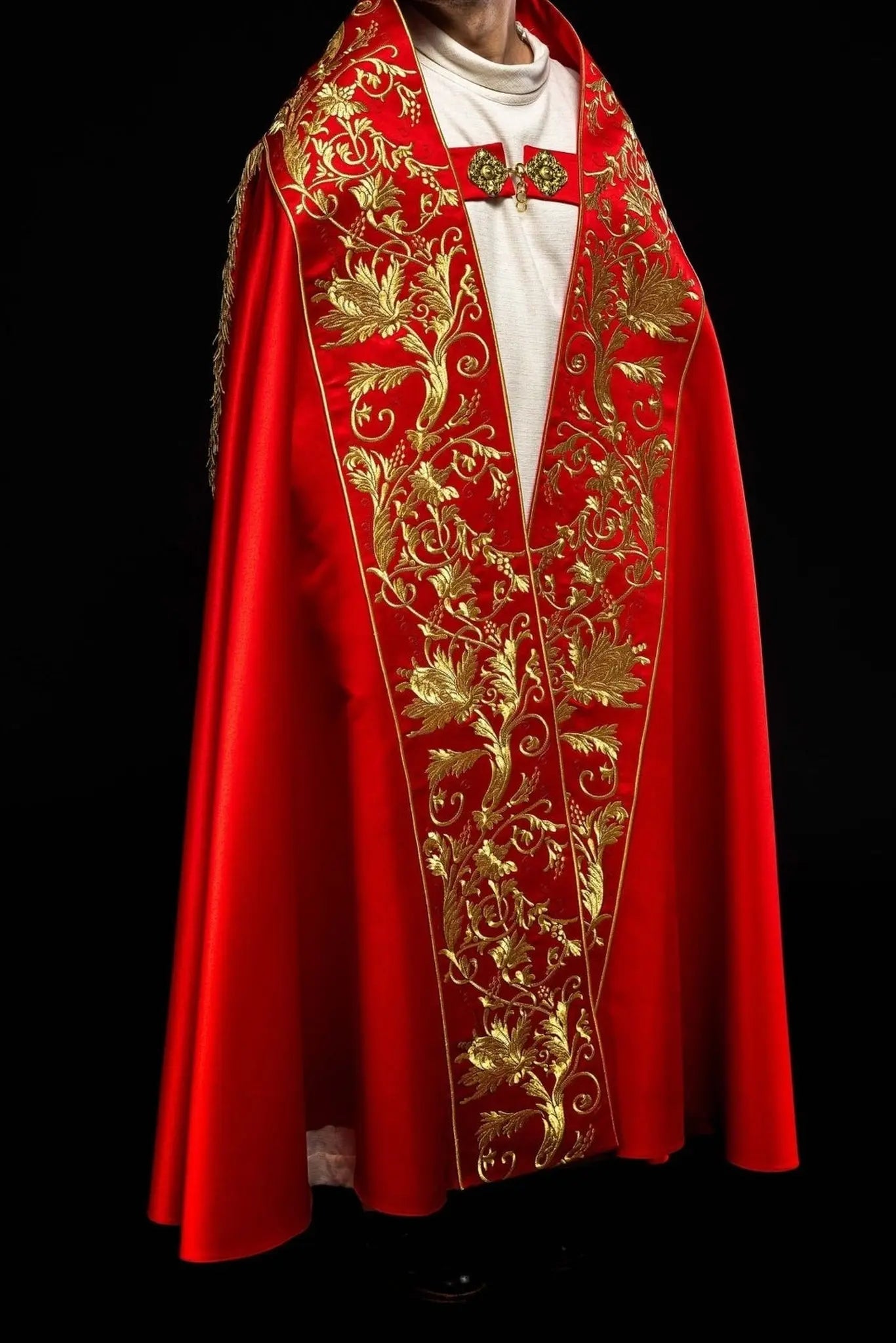 Roman Satin Cope – Red with Embroidered Sacred Heart of Jesus