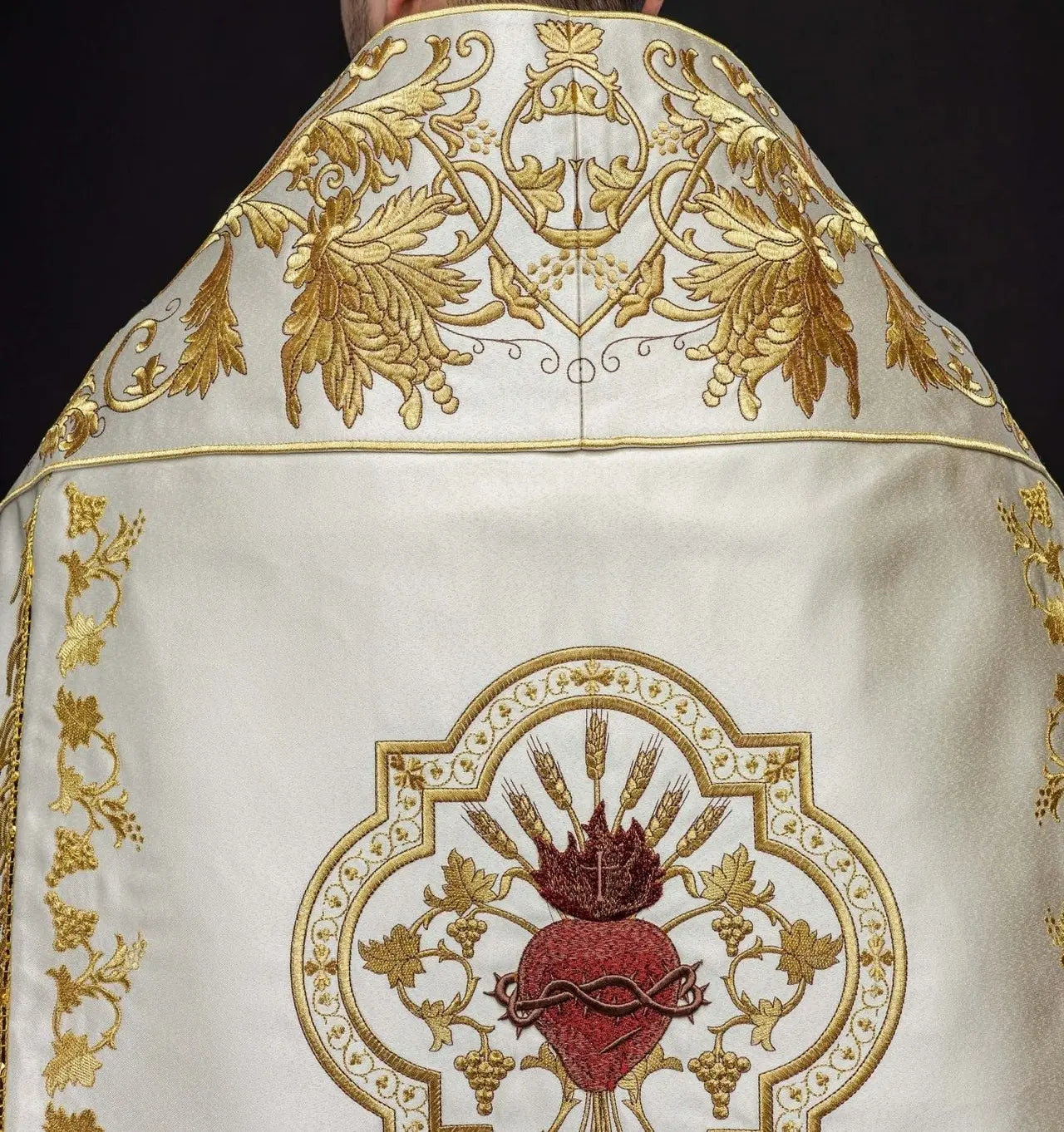 Roman Satin Cope in Ecru with Embroidered Sacred Heart of Jesus