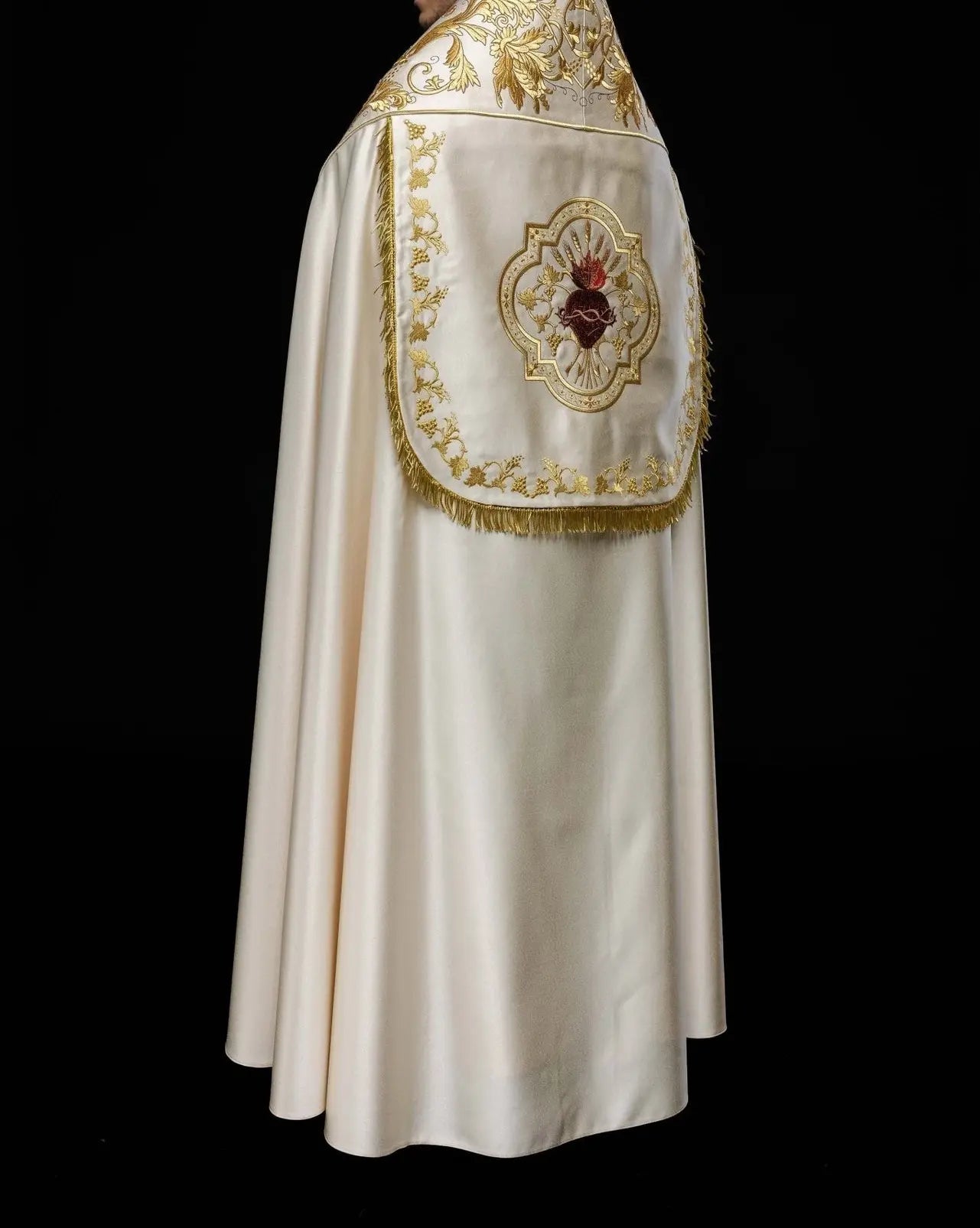 Roman Satin Cope in Ecru with Embroidered Sacred Heart of Jesus