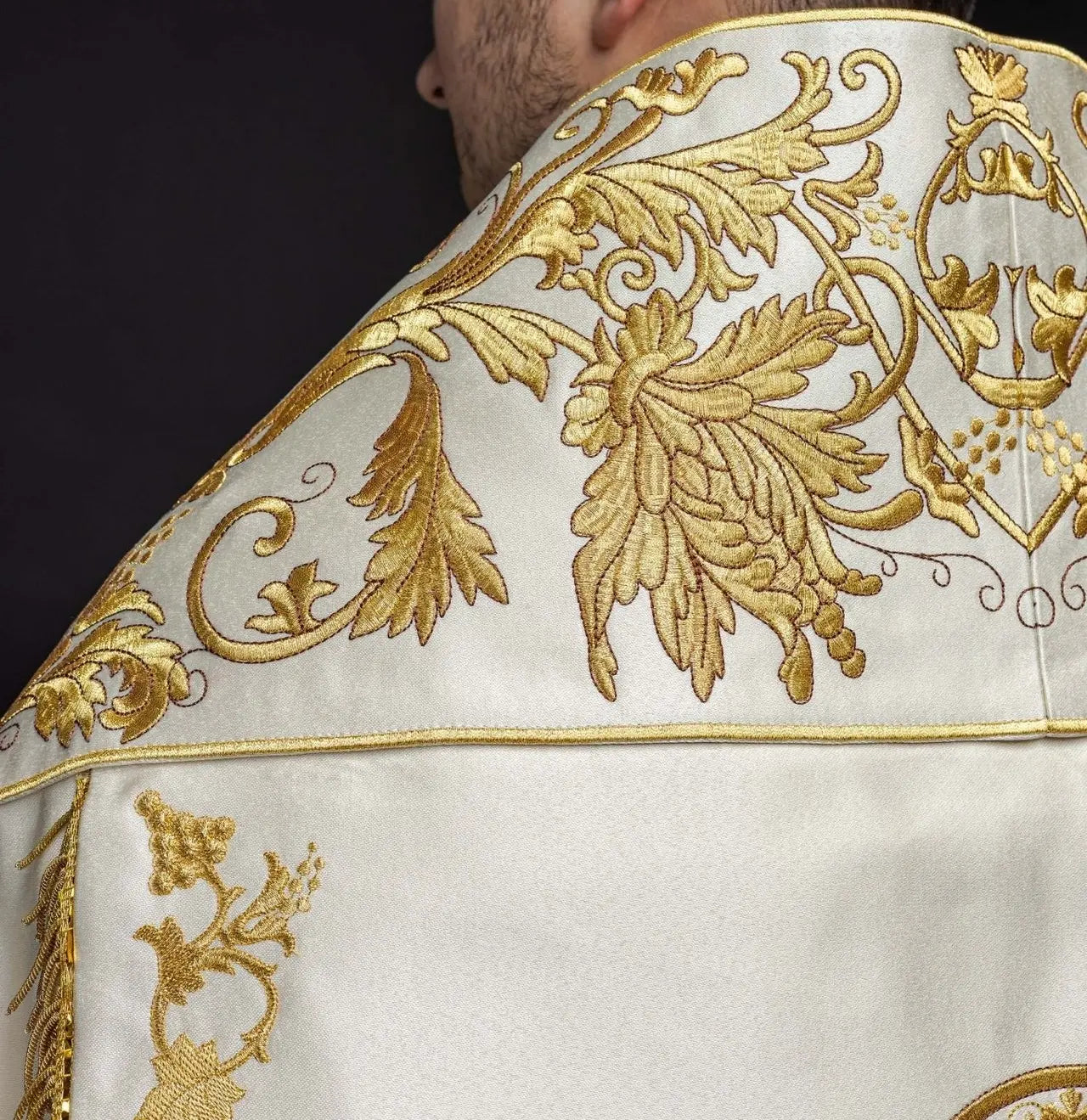 Roman Satin Cope in Ecru with Embroidered Sacred Heart of Jesus