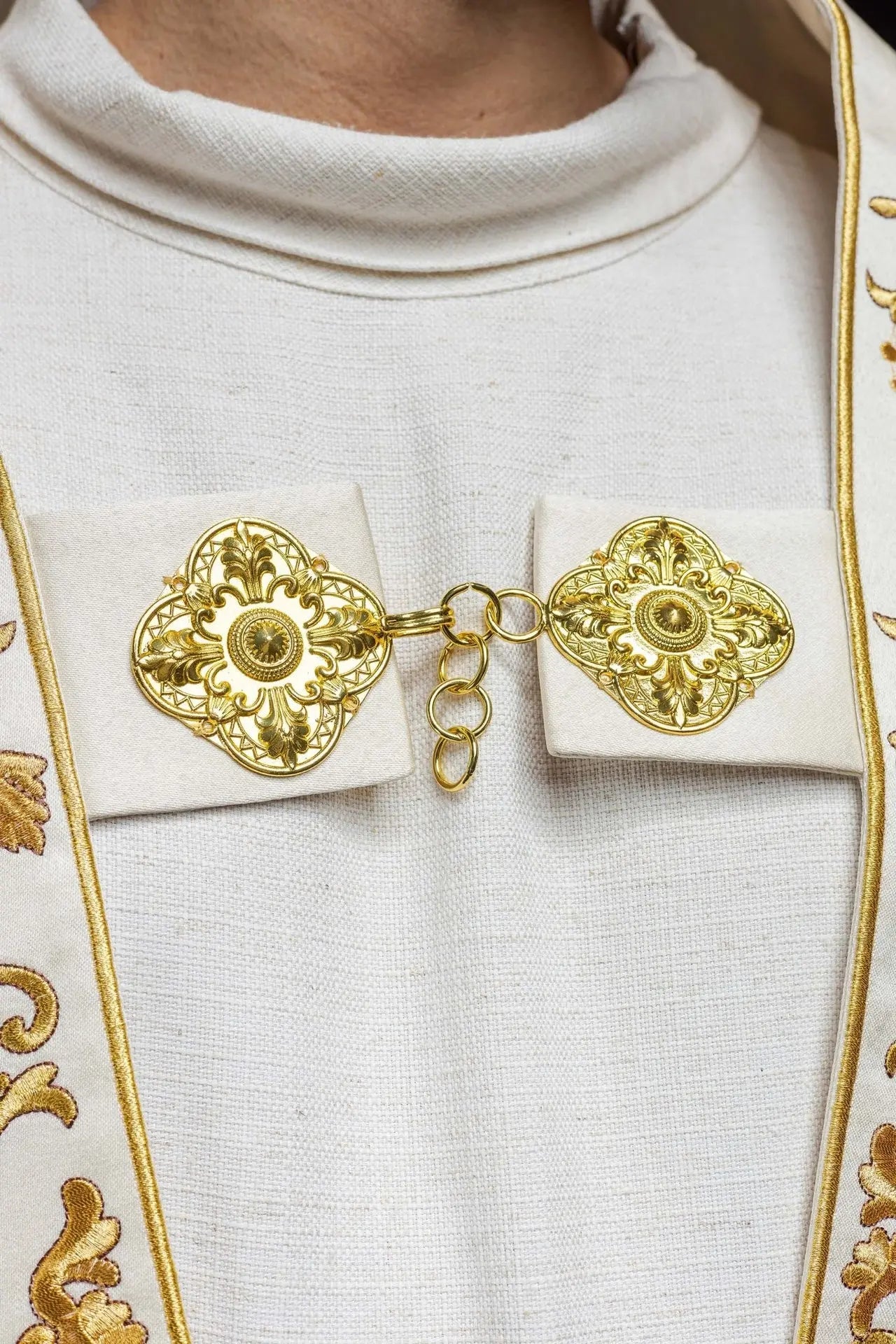 Roman Satin Cope in Ecru with Embroidered Sacred Heart of Jesus