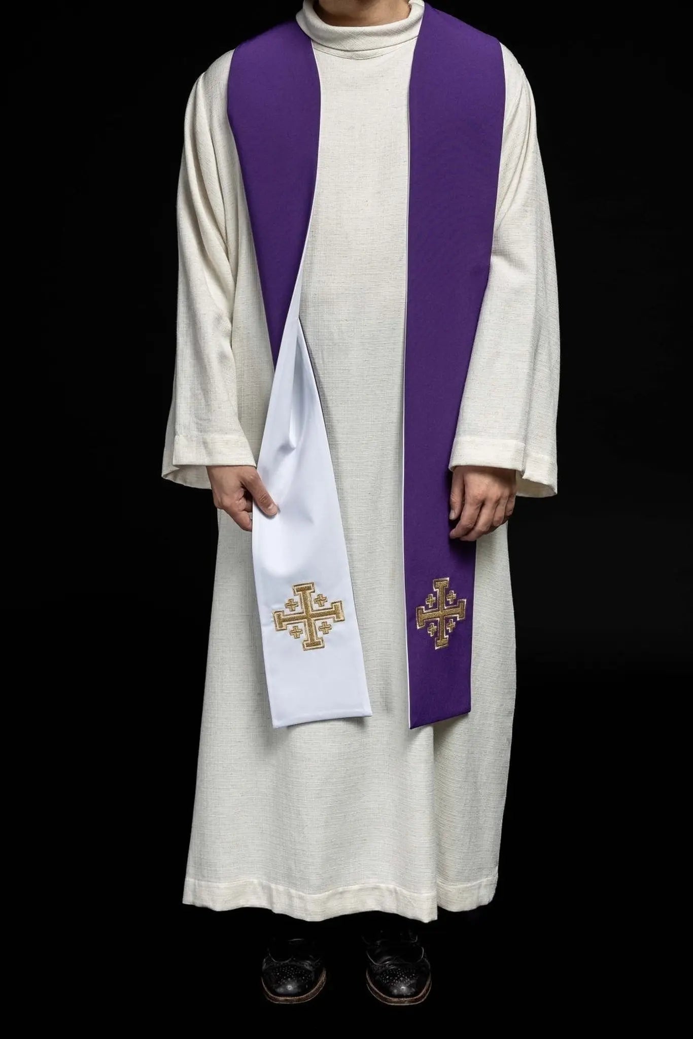 Double-sided stole Jerusalem Cross purple and white