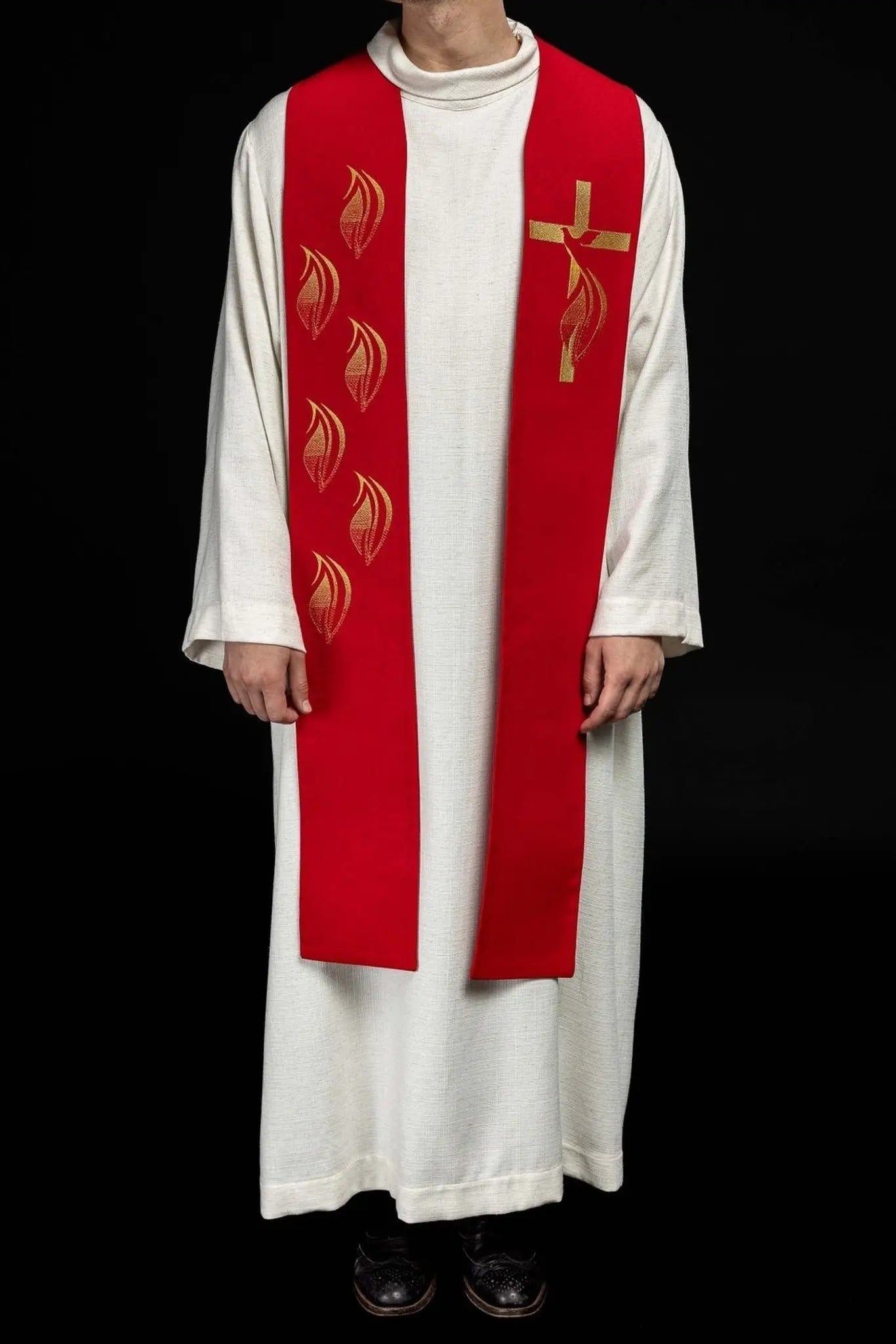 Embroidered stole Holy Spirit, cross and tongues of fire Red