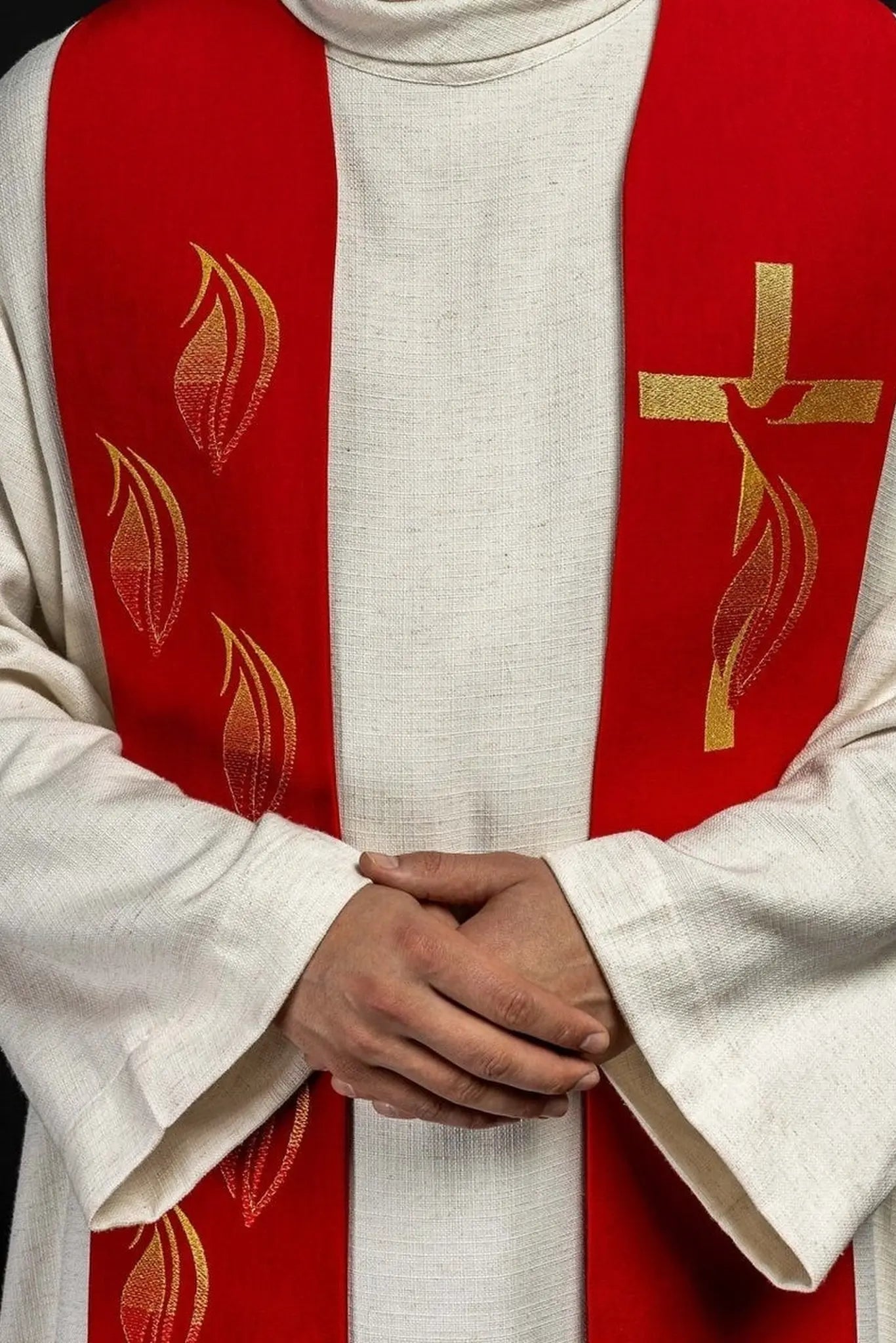 Étole brodée Esprit Saint, croix et langues de feu Rouge
