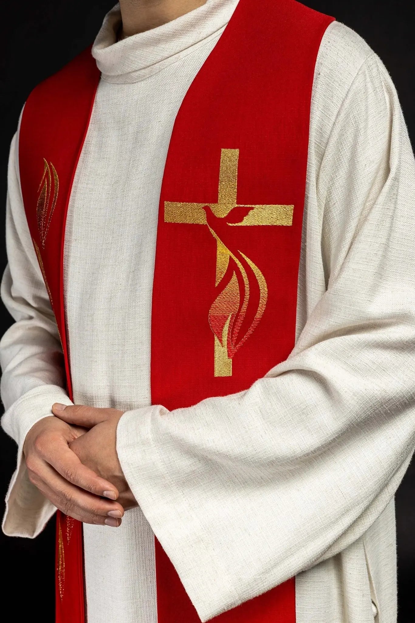 Embroidered stole Holy Spirit, cross and tongues of fire Red