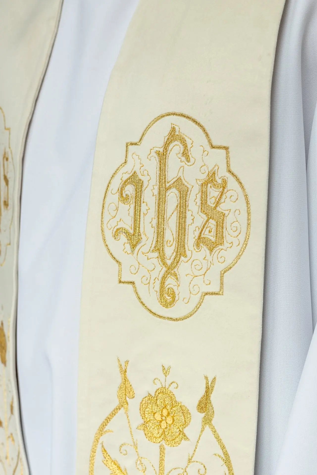 Embroidered ecru IHS stole