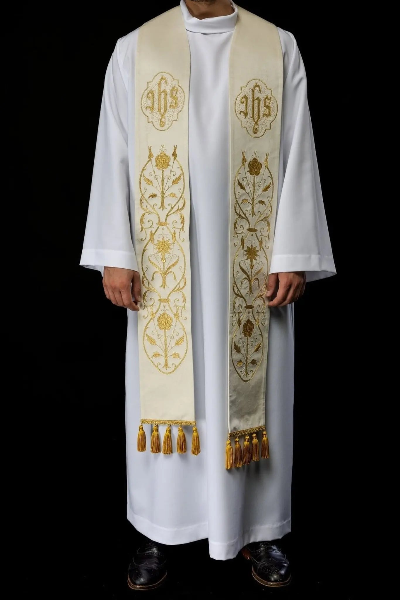 Embroidered ecru IHS stole
