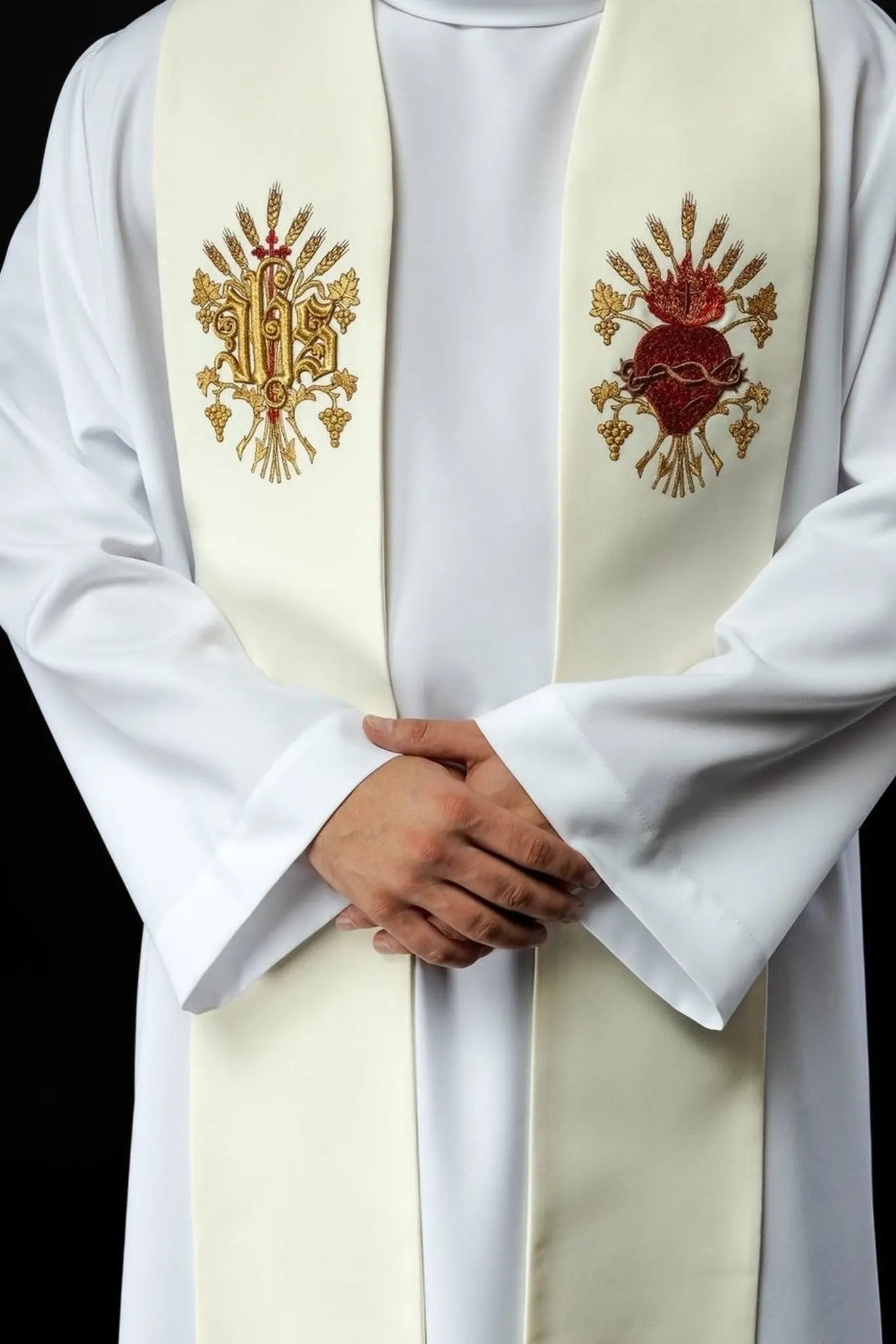 Étole brodée de la croix, IHS et cœur de Jésus-Christ écru