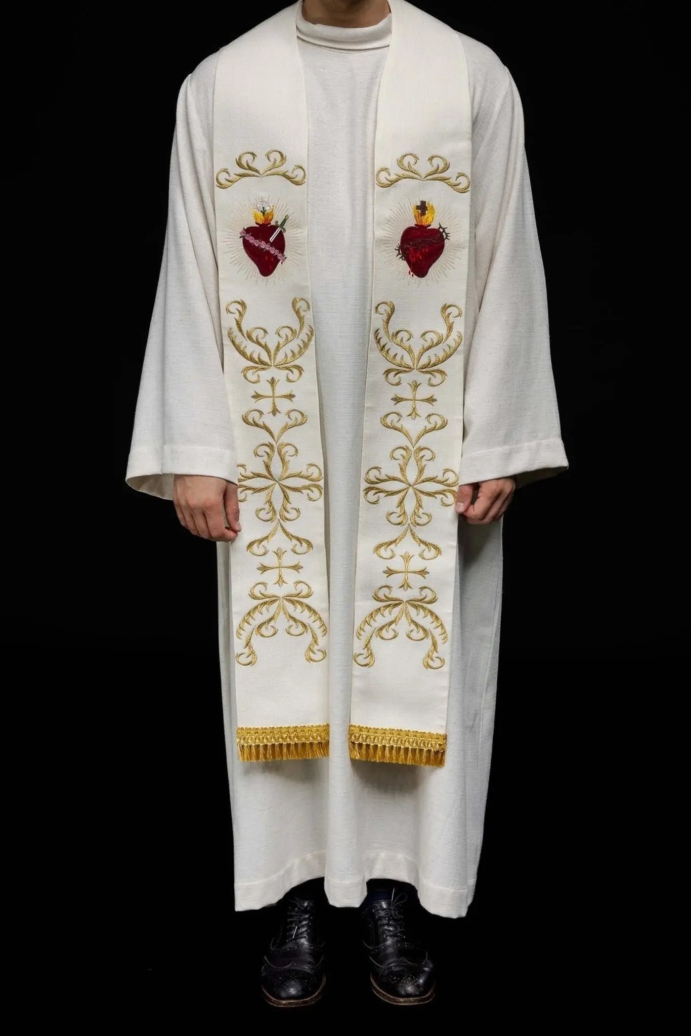 Étole brodée avec les Cœurs de Jésus et Marie – Écru