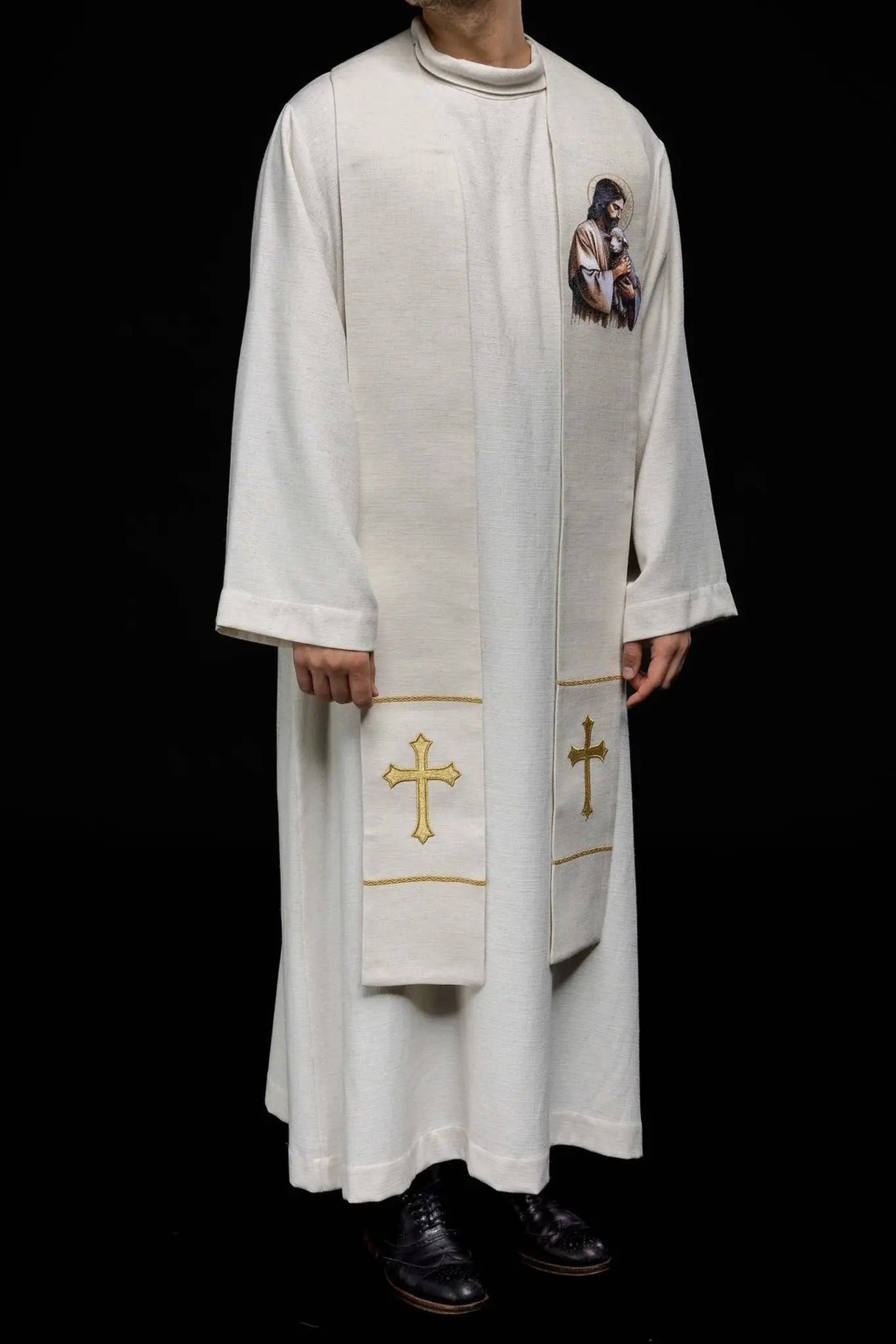 Embroidered Stole Featuring the Image of Jesus the Good Shepherd with a Lamb