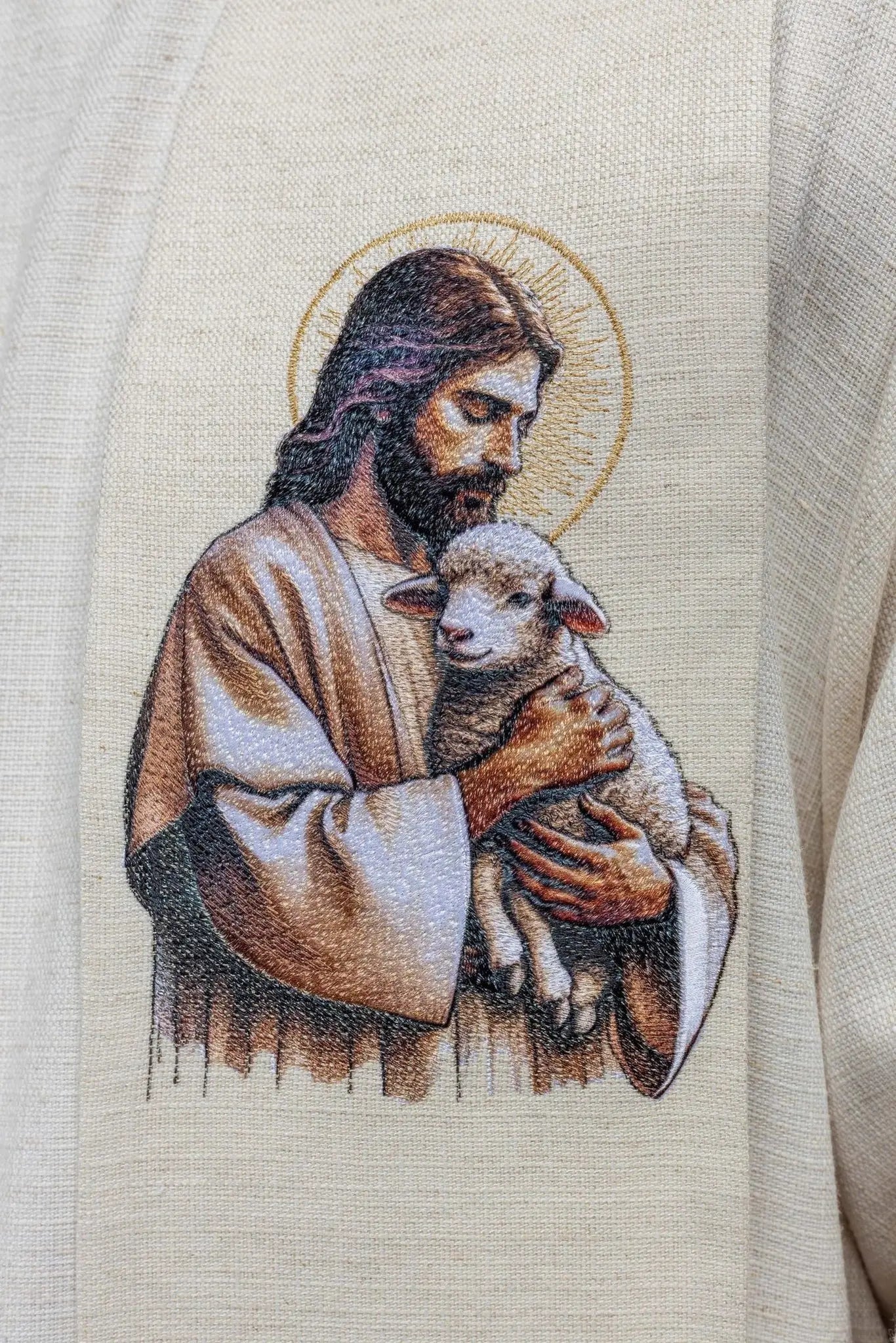 Embroidered Stole Featuring the Image of Jesus the Good Shepherd with a Lamb