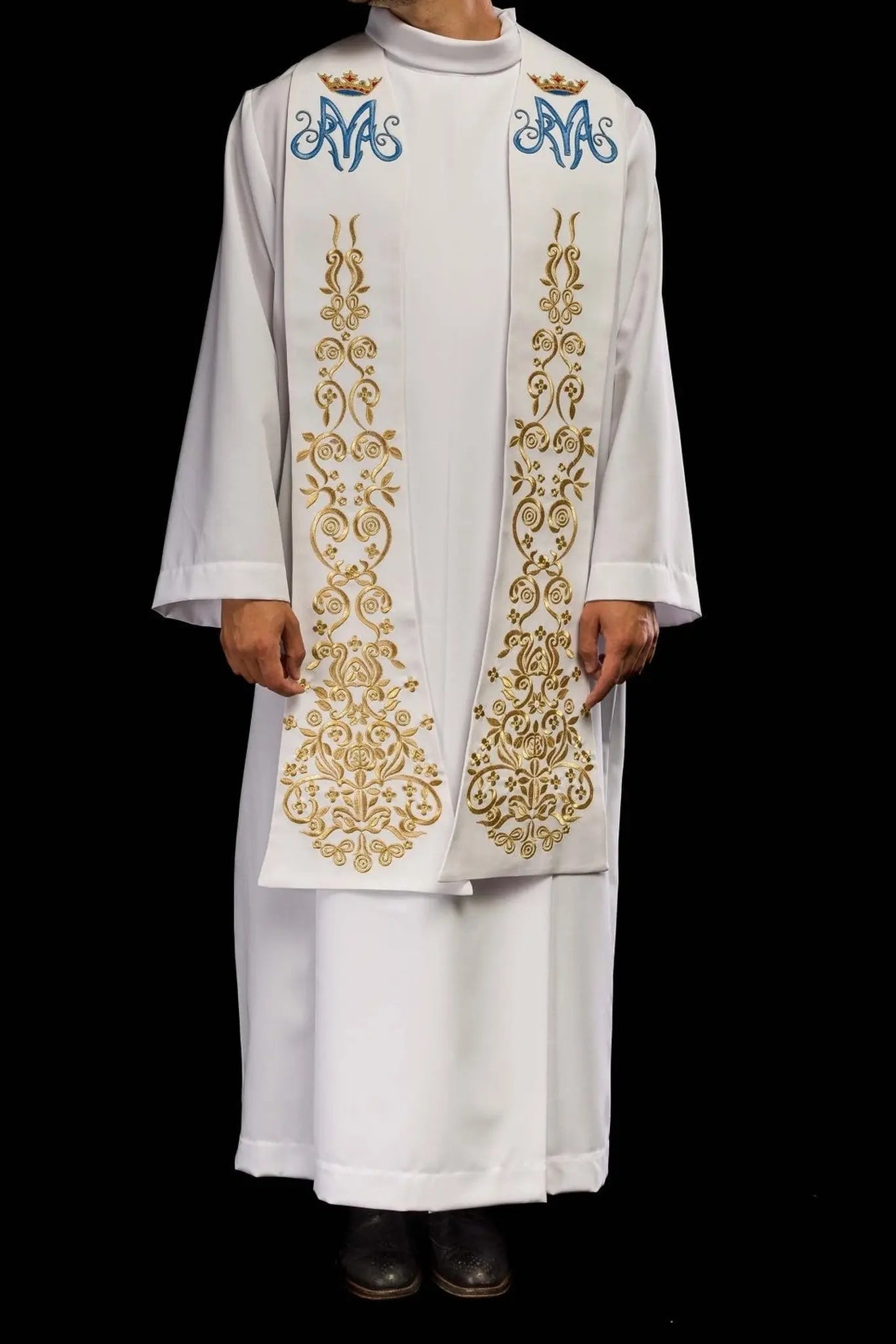 Étole blanche de prêtre brodée motif marial avec couronne