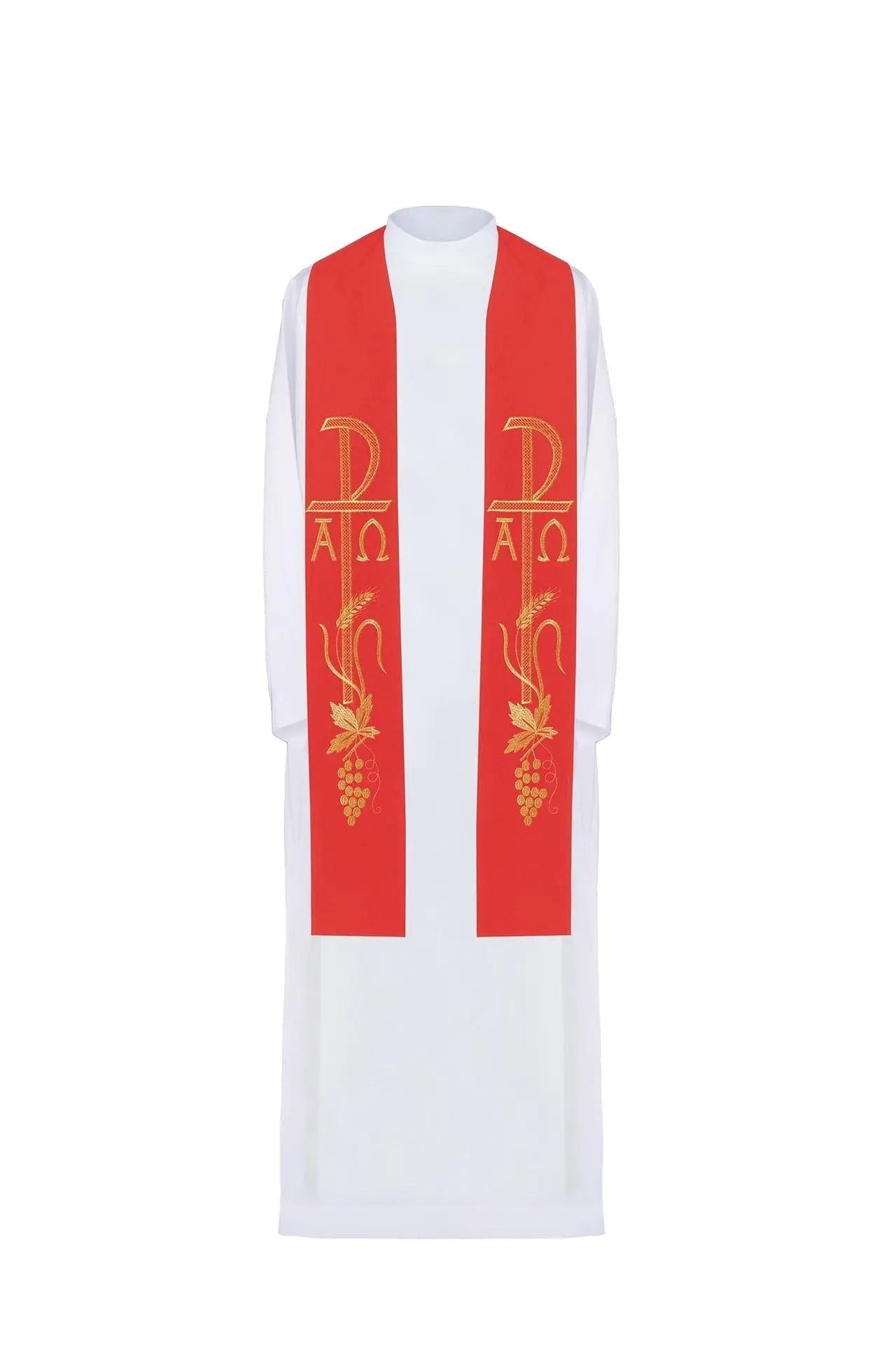 Étole rouge de prêtre brodée Alpha et Omega
