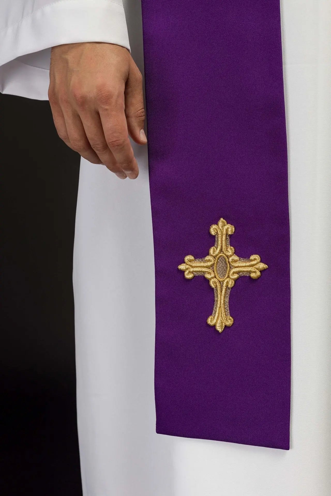 Purple priest's stole embroidered with cross and IHS