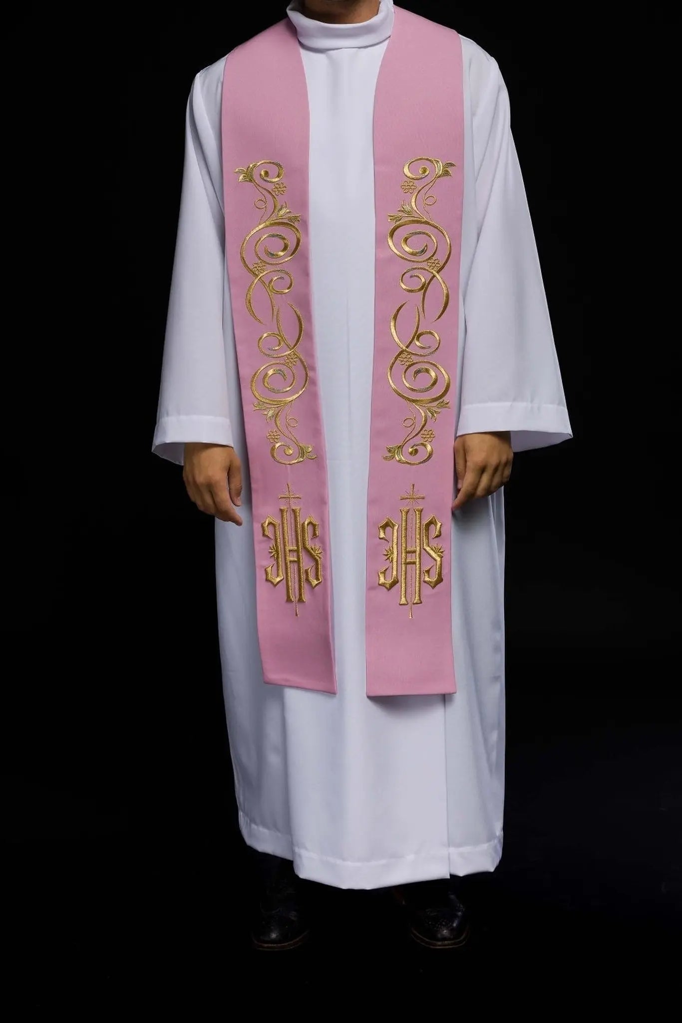 Étola de prêtre brodée IHS rose