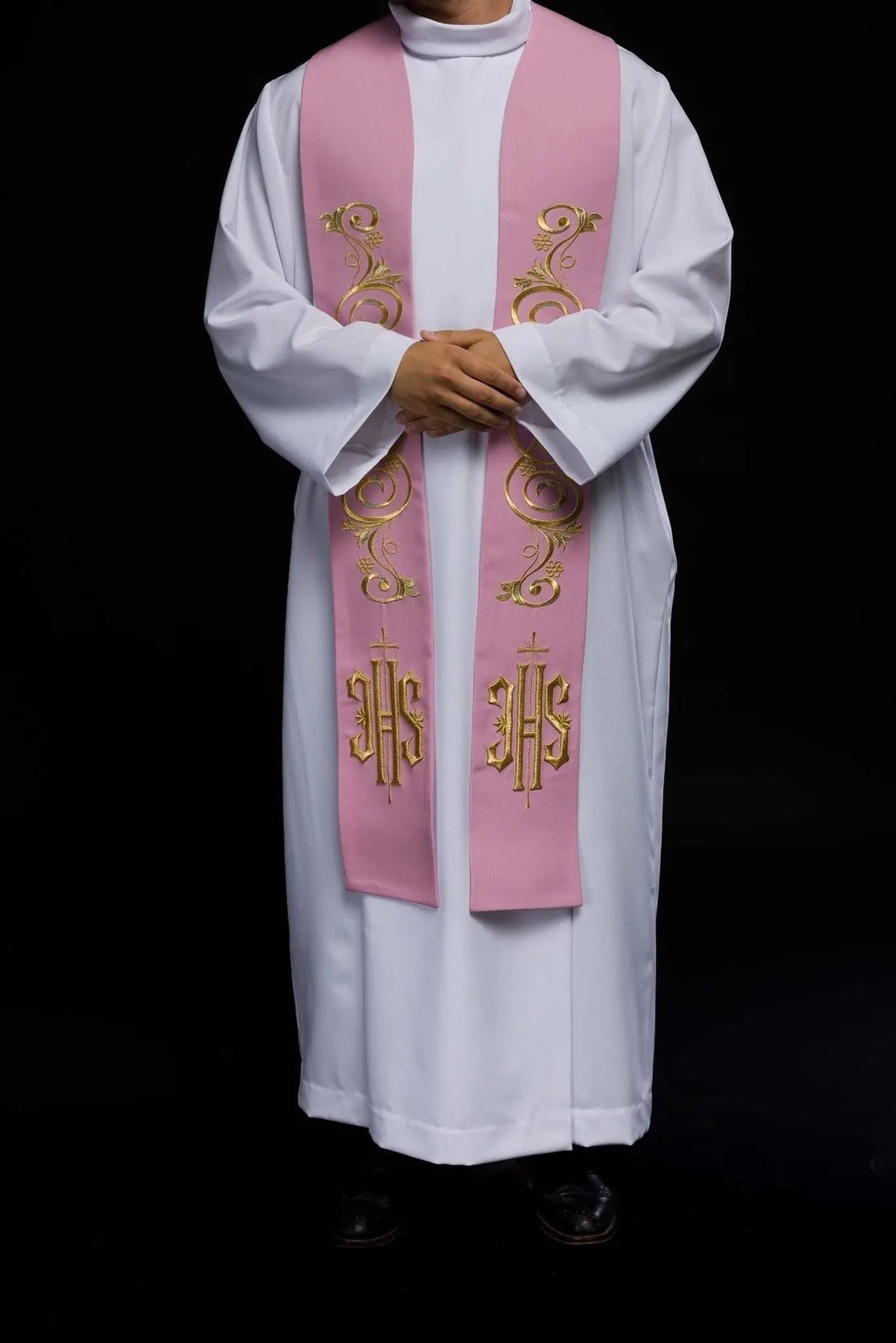 Étola de prêtre brodée IHS rose
