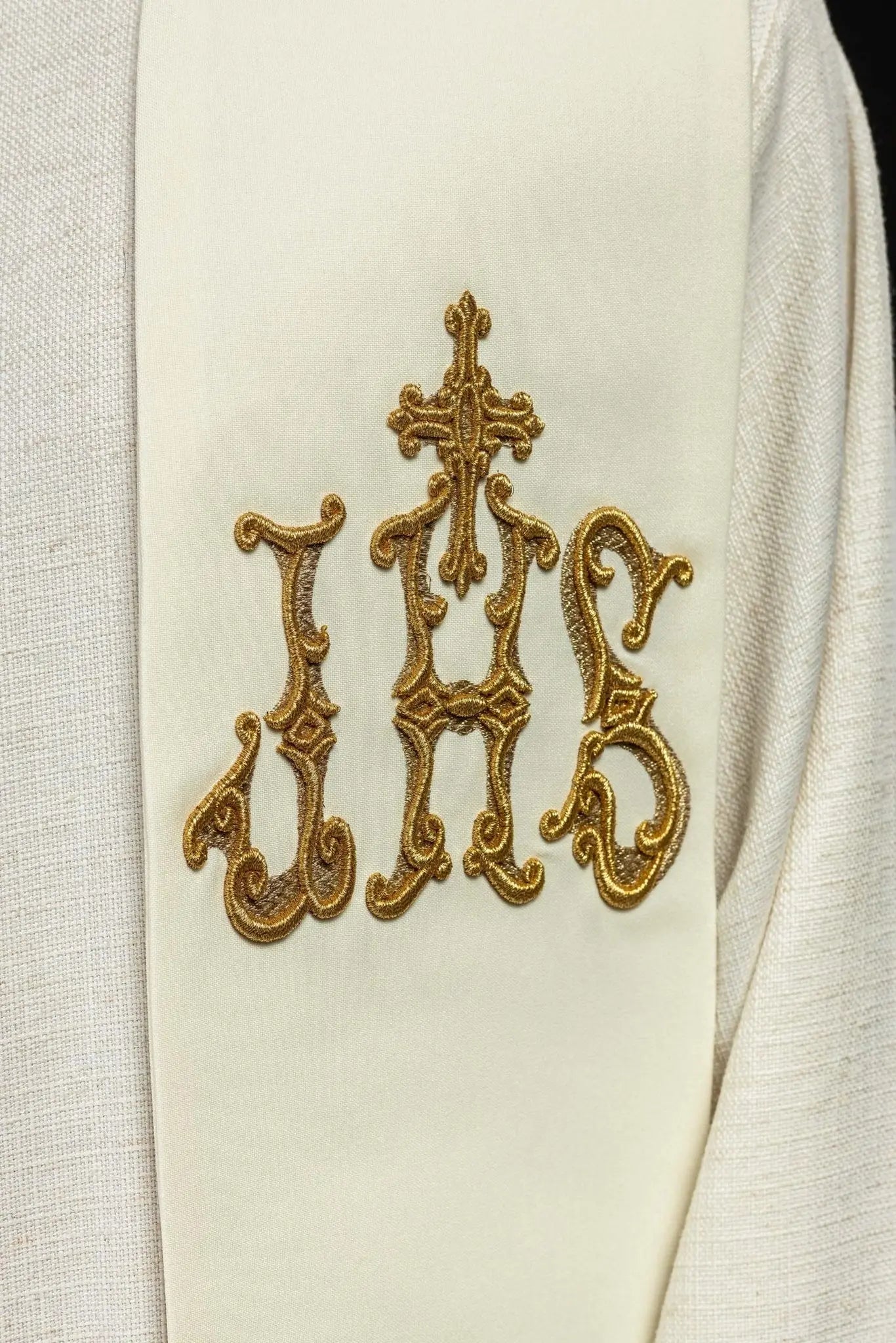 Embroidered priest's stole Cross and IHS ecru