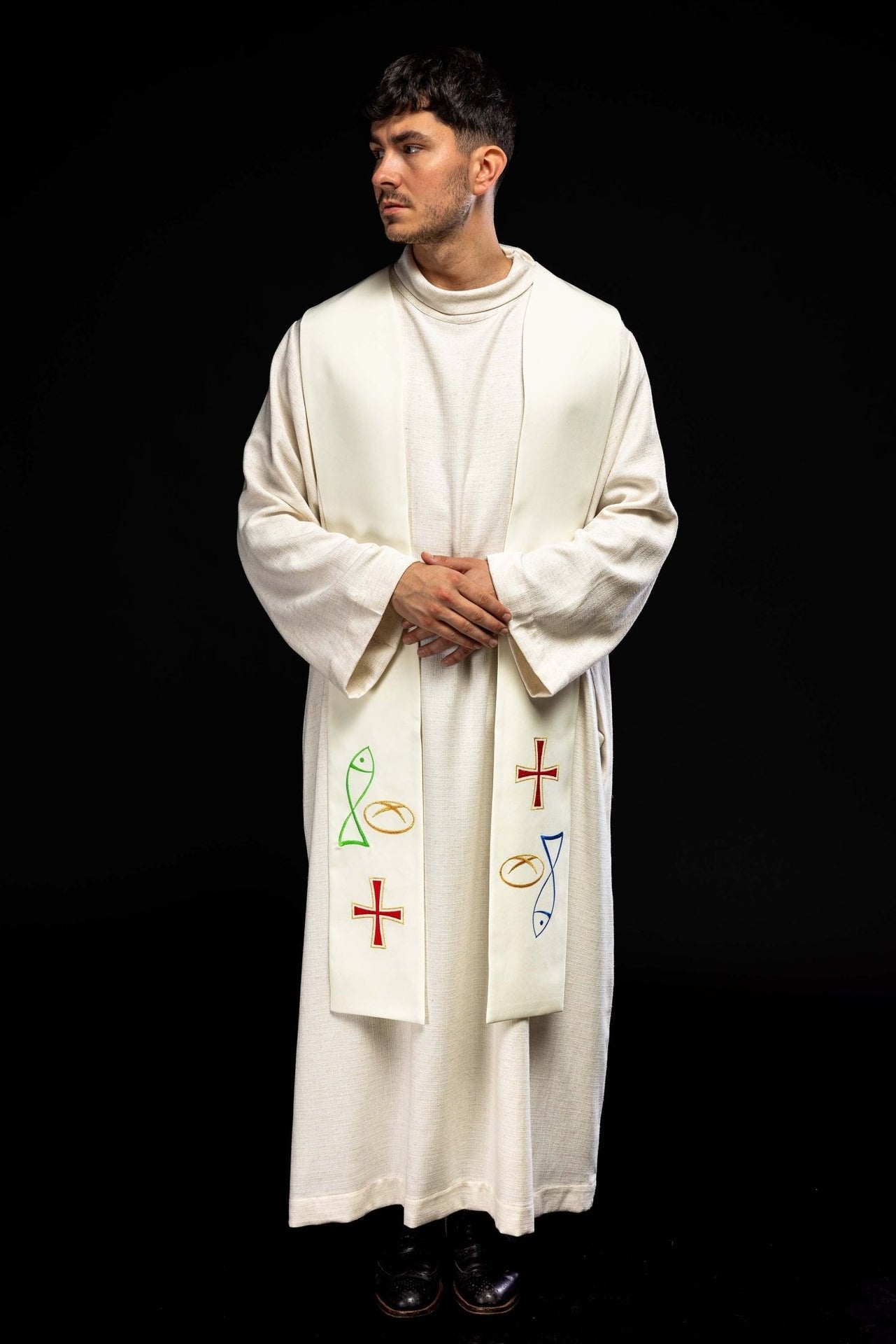 Stuła kapłańska haftowana Ryba Chleb Krzyż w kolorze ecru