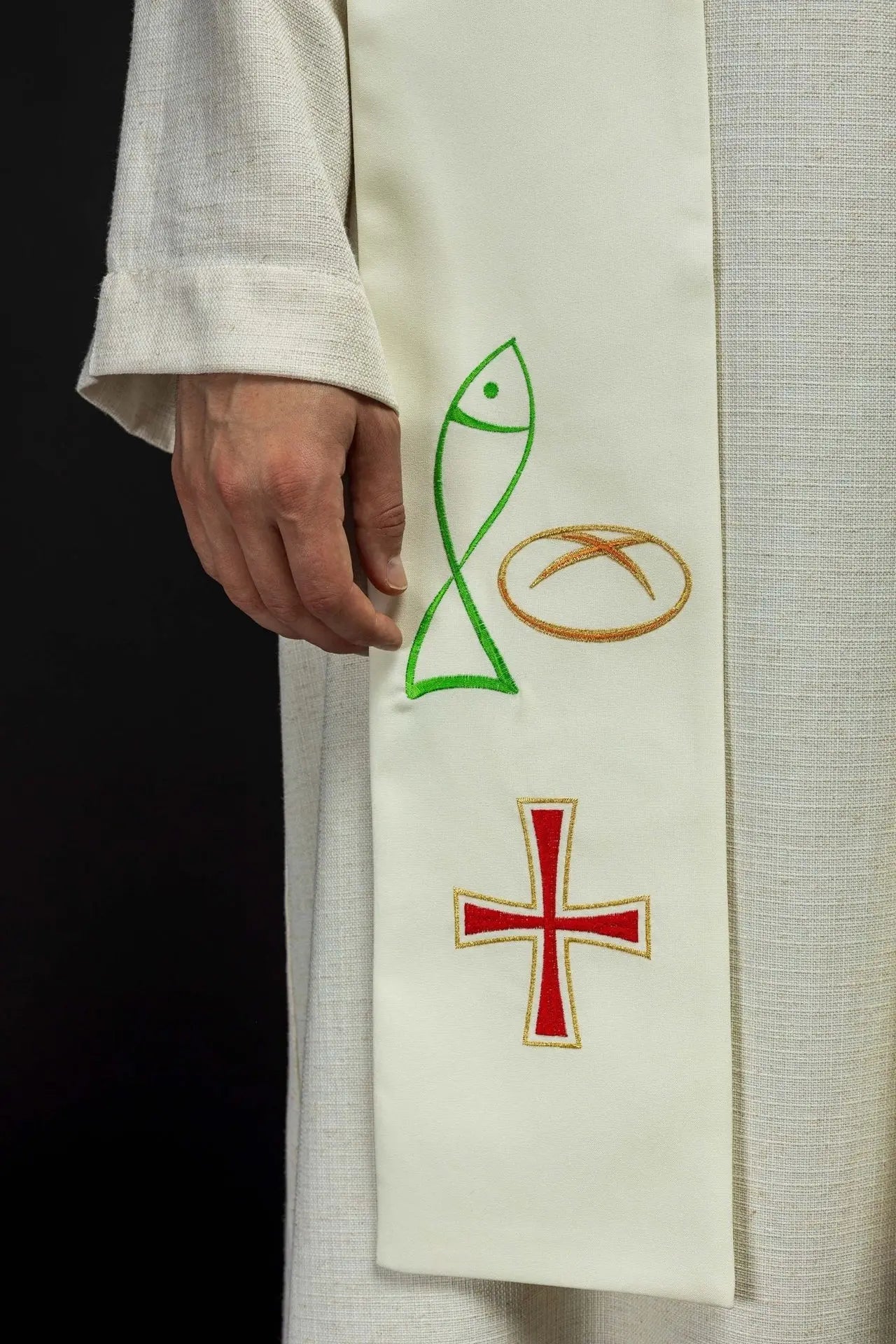 Étoles de prêtre brodées Poisson Pain Croix en écru