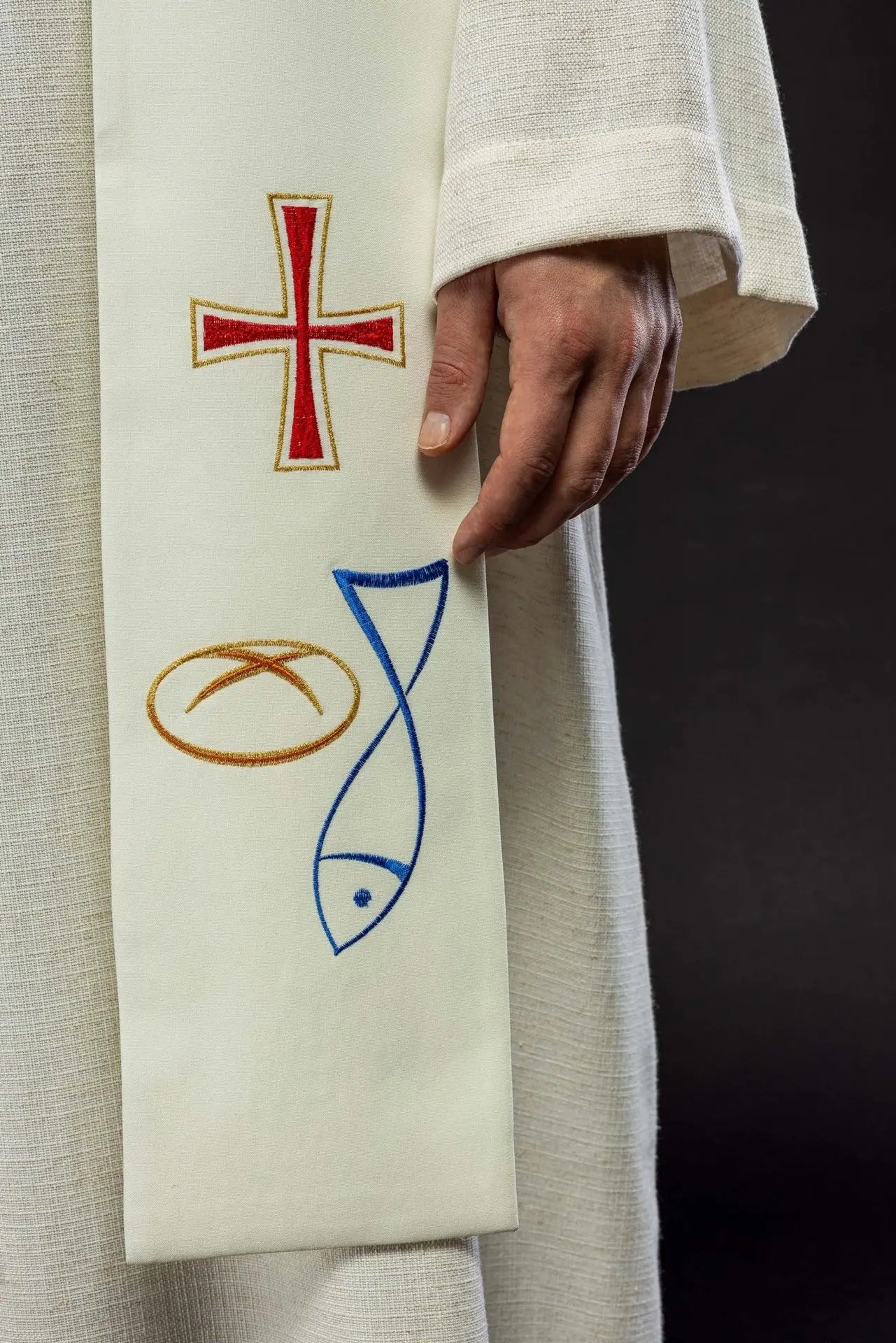 Étoles de prêtre brodées Poisson Pain Croix en écru