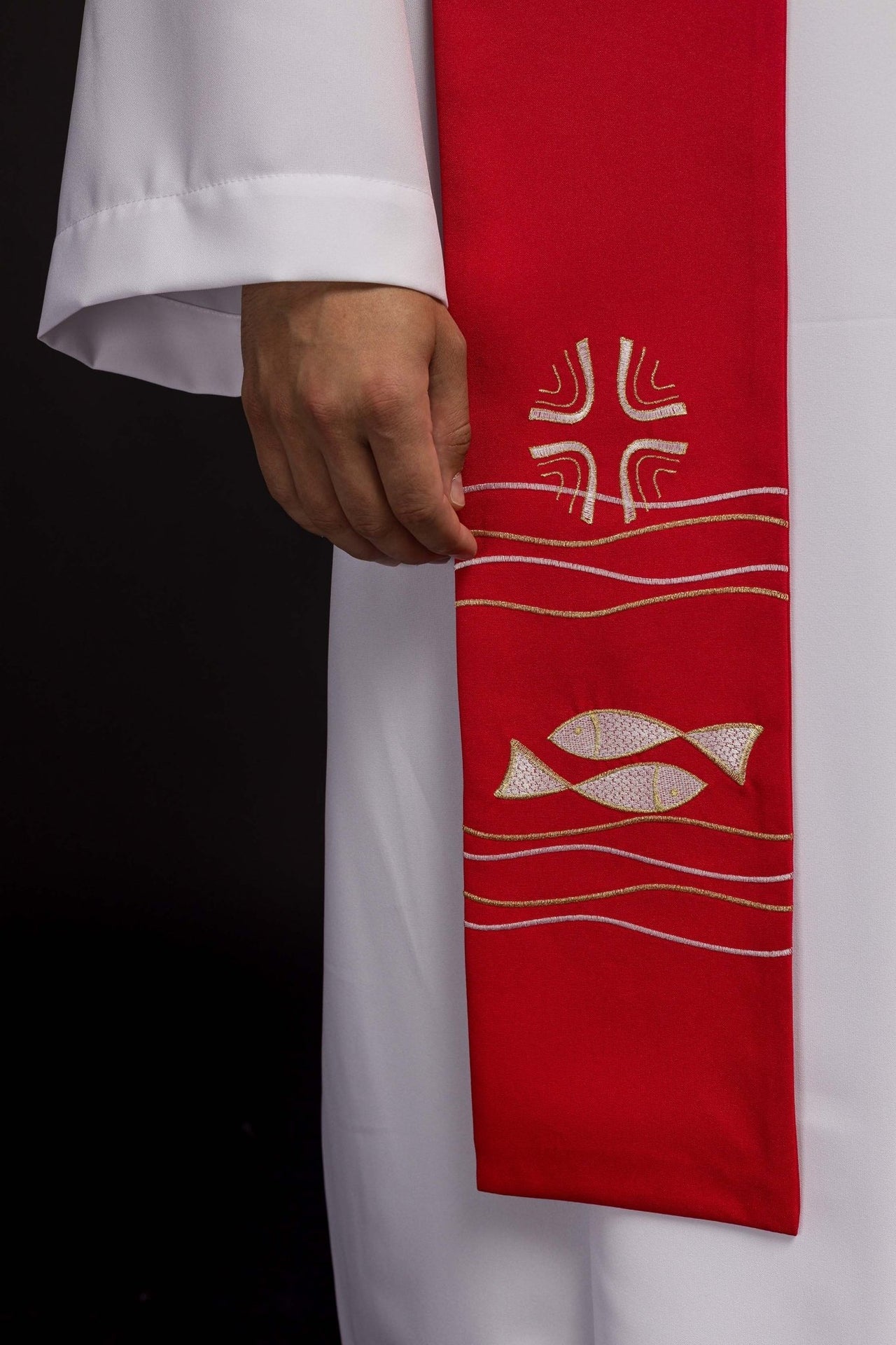 Stuła kapłańska haftowana Ryby Czerwona