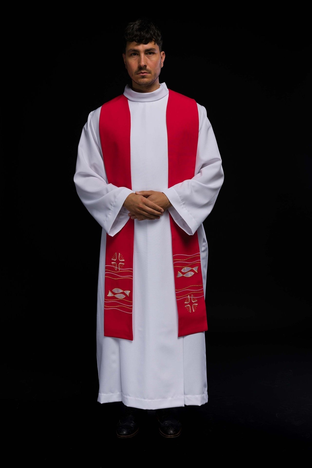 Stuła kapłańska haftowana Ryby Czerwona