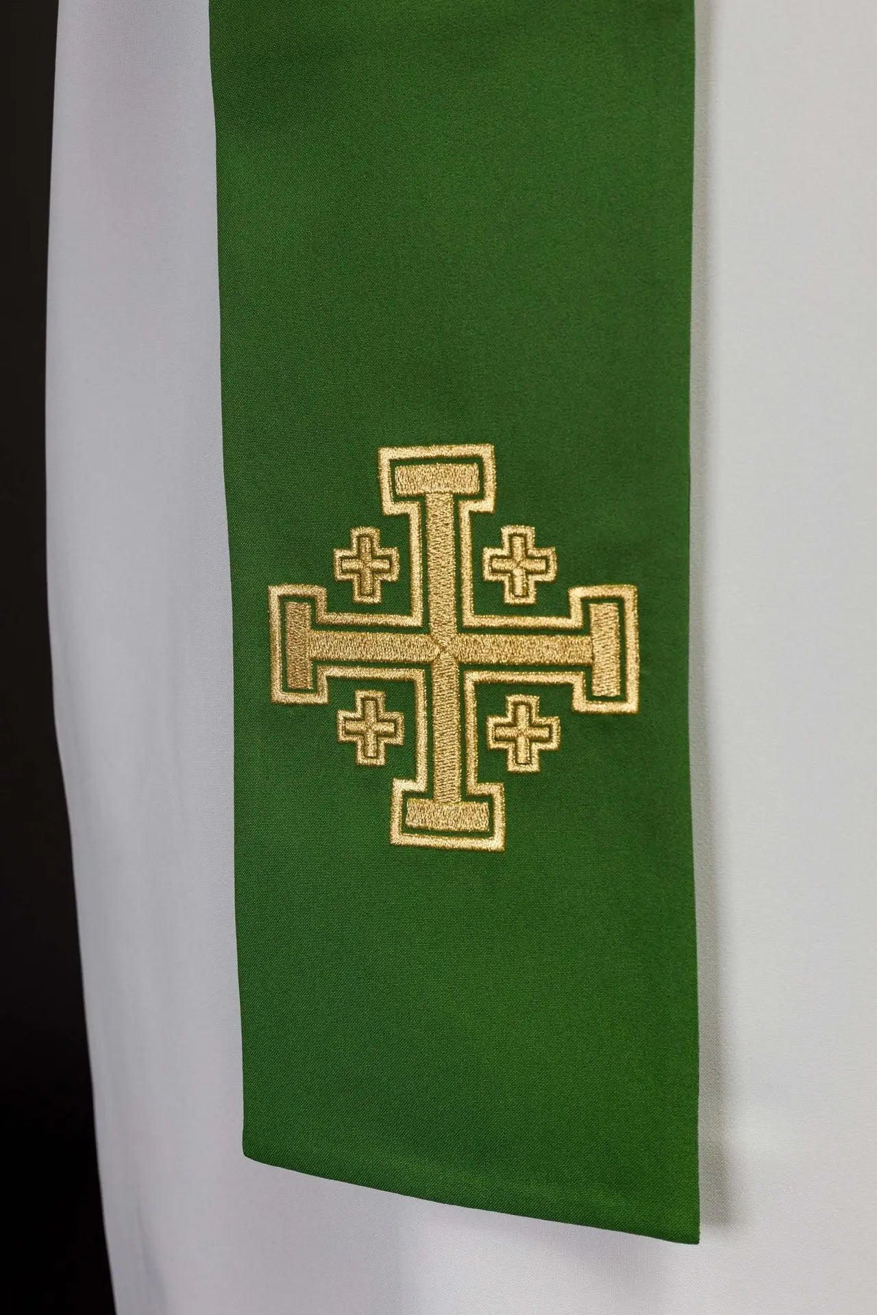 Embroidered green priest's stole Jerusalem cross
