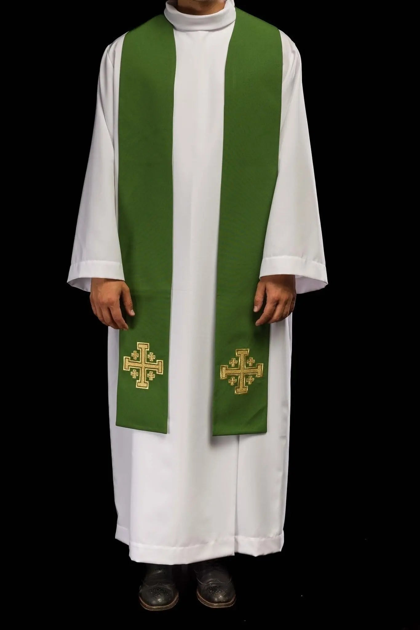 Embroidered green priest's stole Jerusalem cross