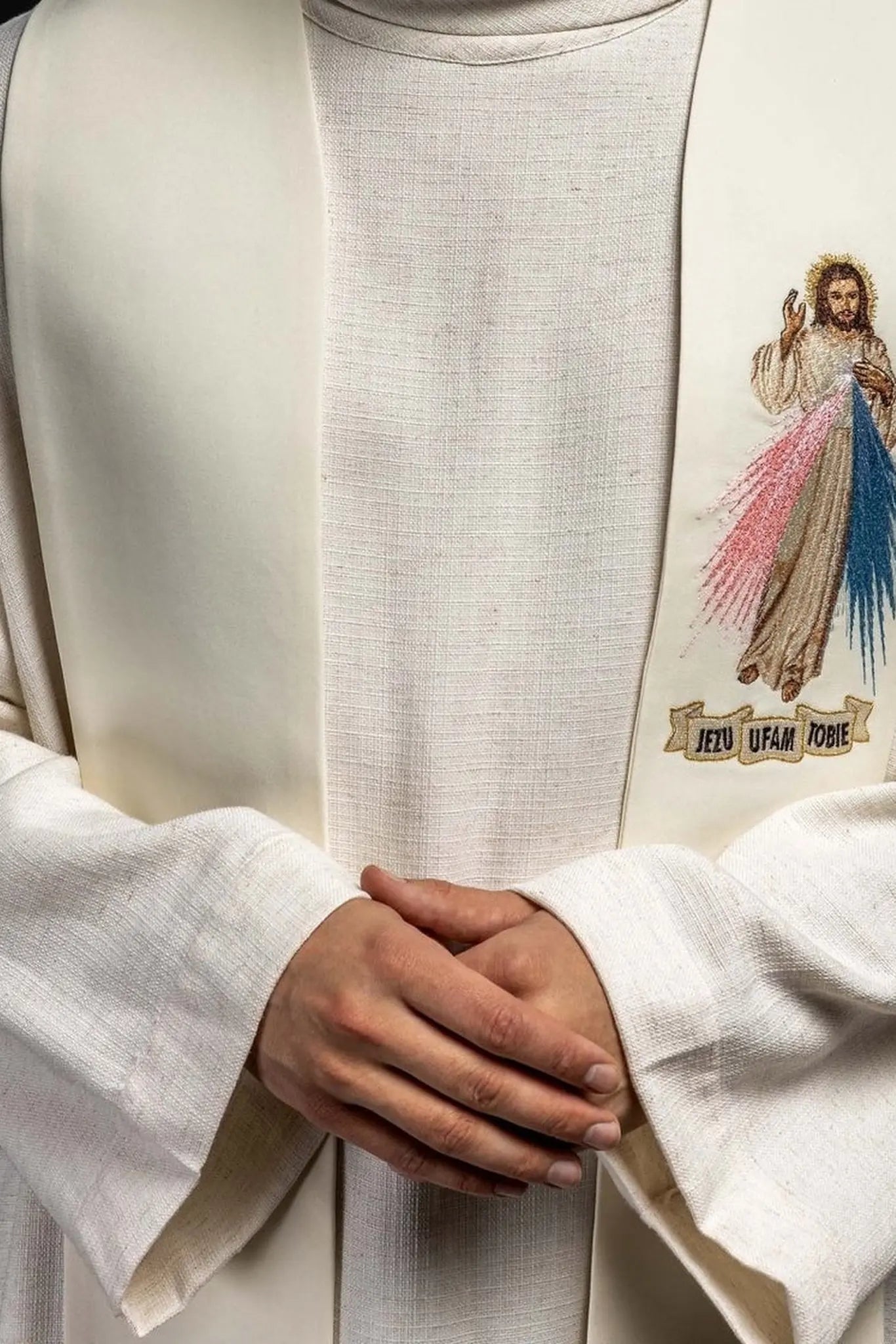 Étole sacerdotale Jésus Miséricordieux, Jésus j'ai confiance en toi écru