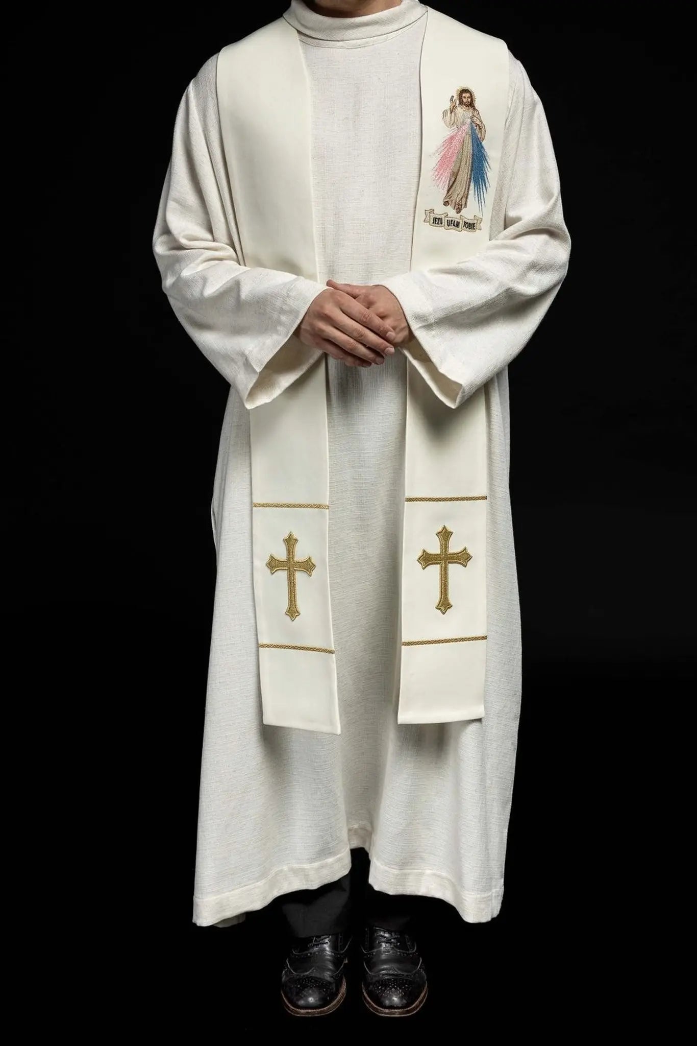Priestly stole Merciful Jesus, Jesus I trust in you ecru