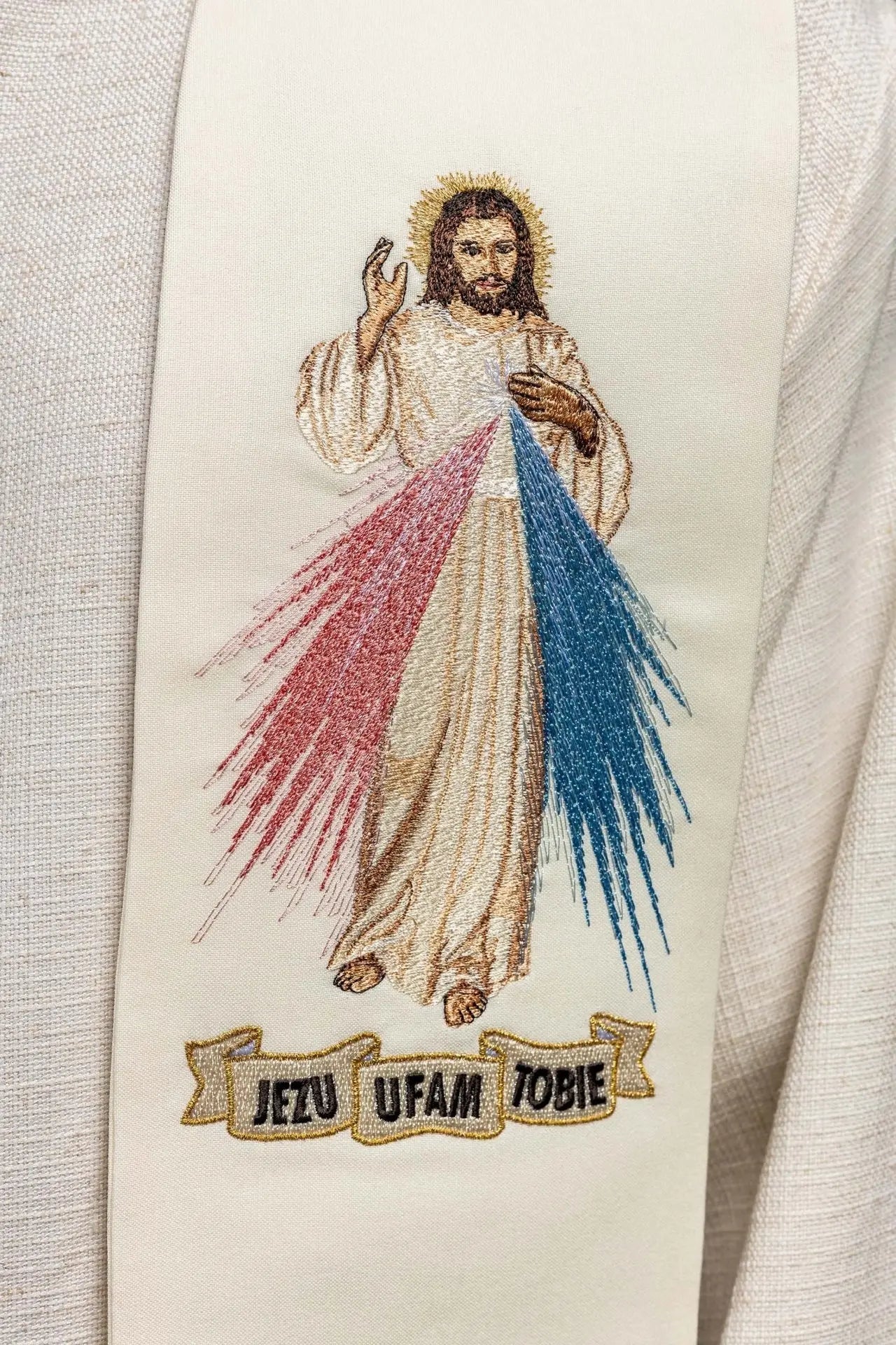Étole sacerdotale Jésus Miséricordieux, Jésus j'ai confiance en toi écru