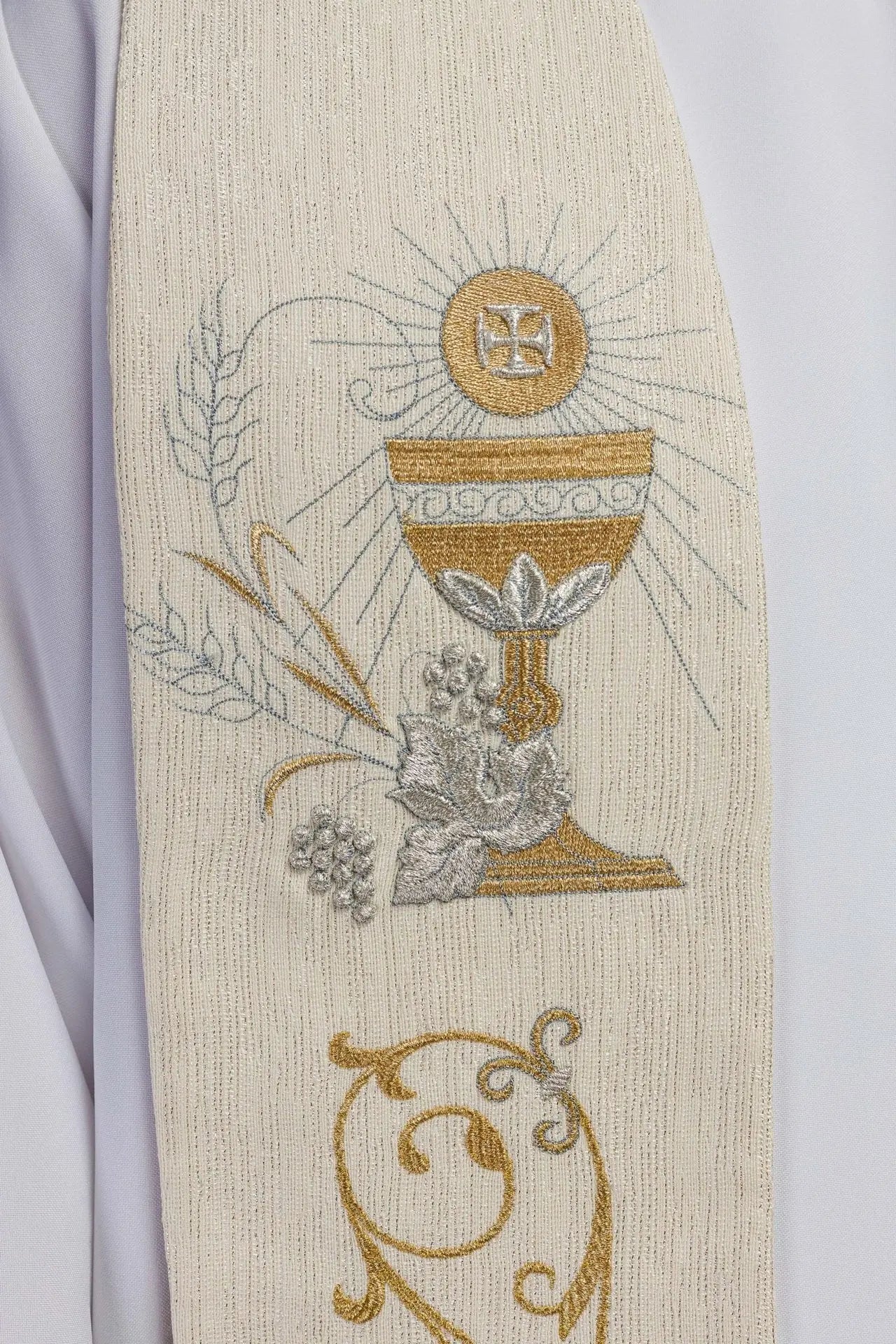 Priest's stole with embroidered IHS and Eucharistic chalice ecru