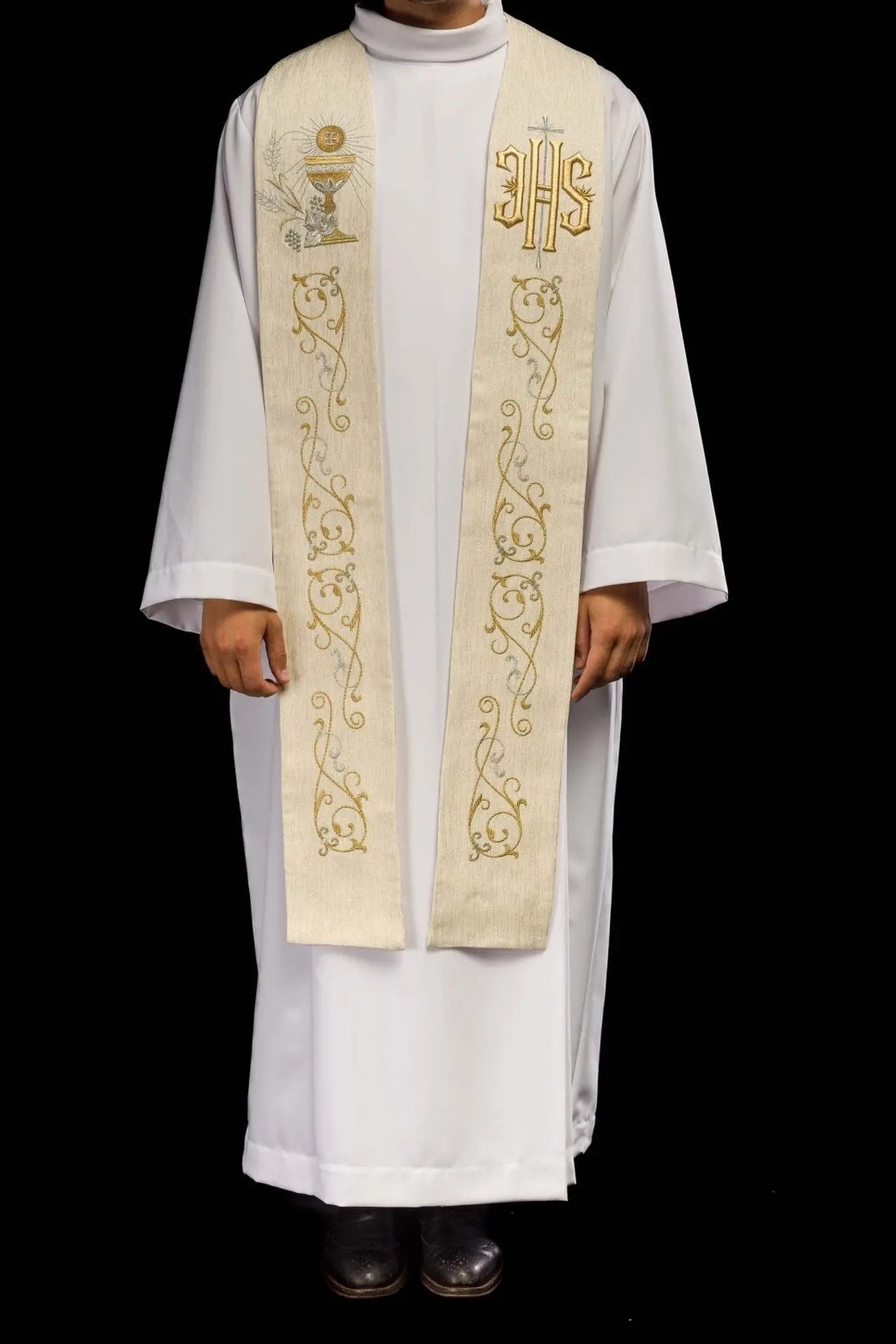 Priest's stole with embroidered IHS and Eucharistic chalice ecru