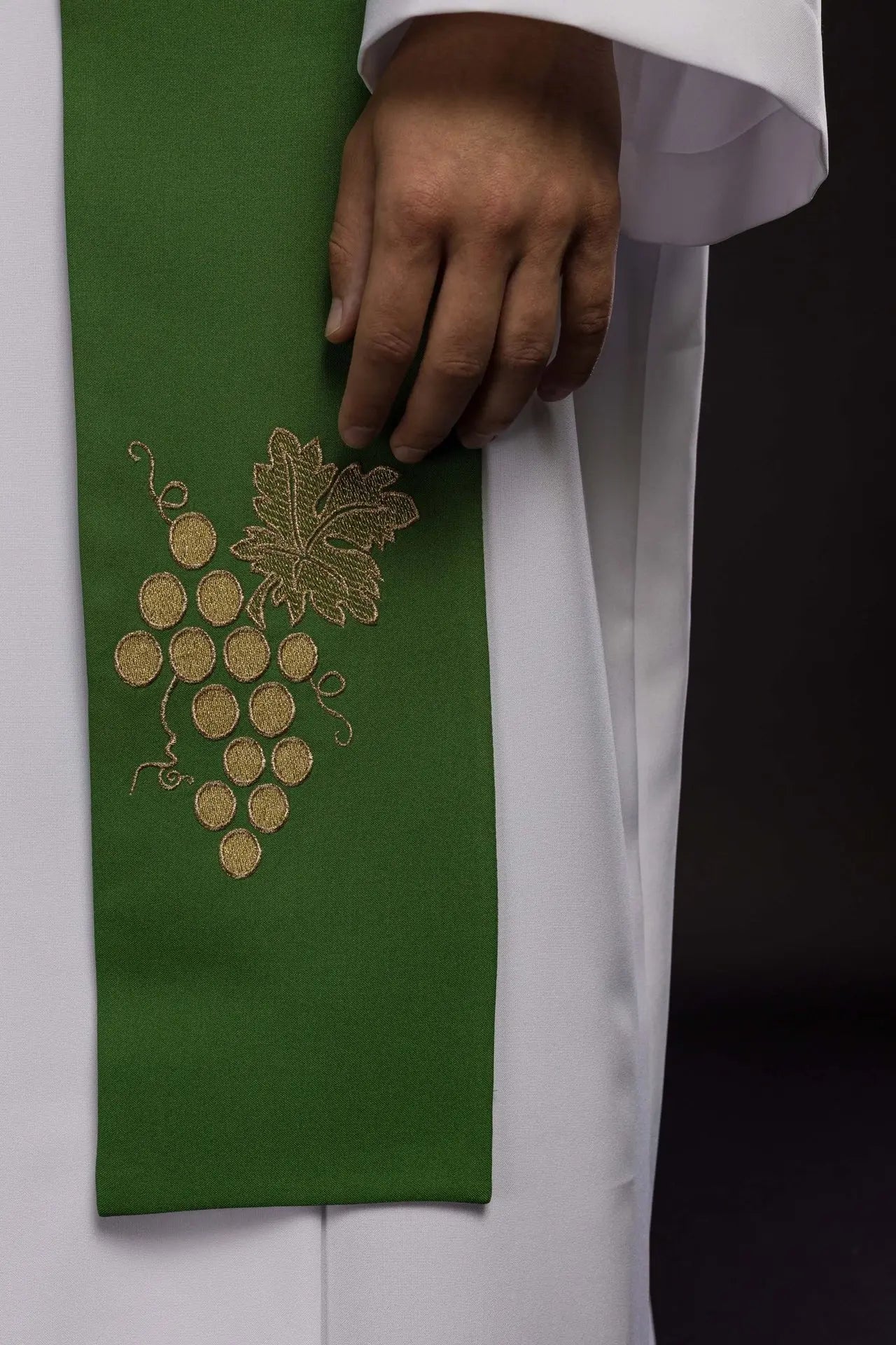 Green embroidered IHS priest's stole with grapes