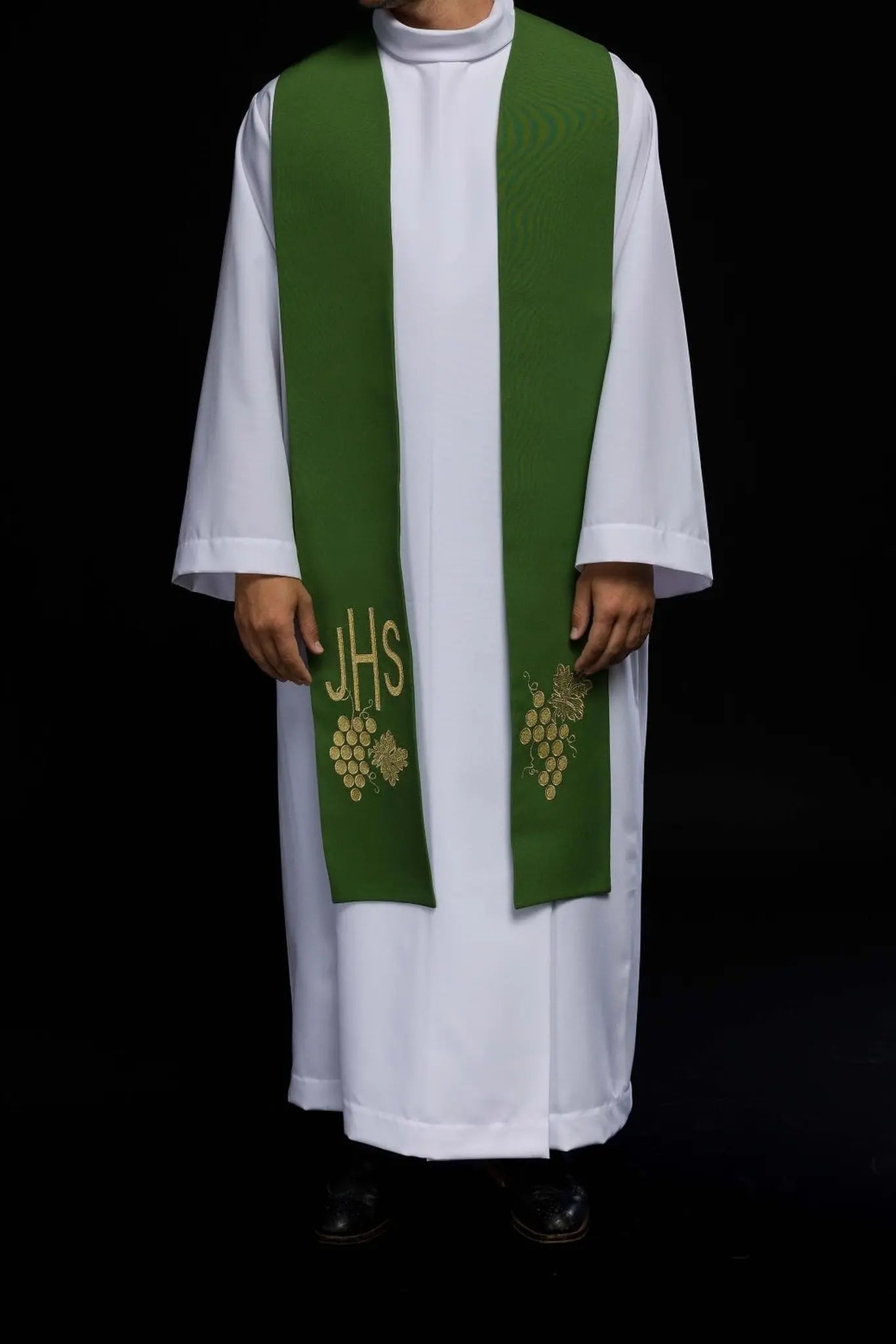 Green embroidered IHS priest's stole with grapes