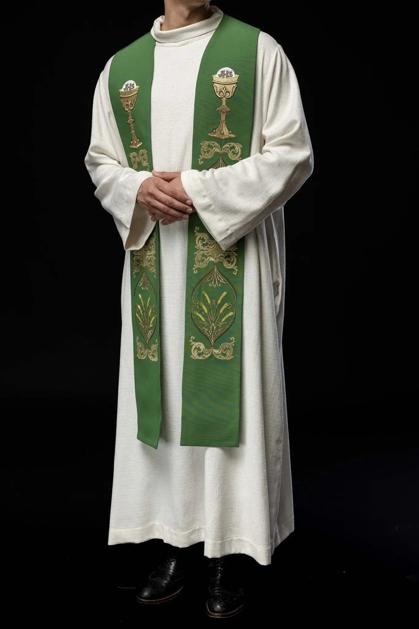 Green priest's stole IHS chalice