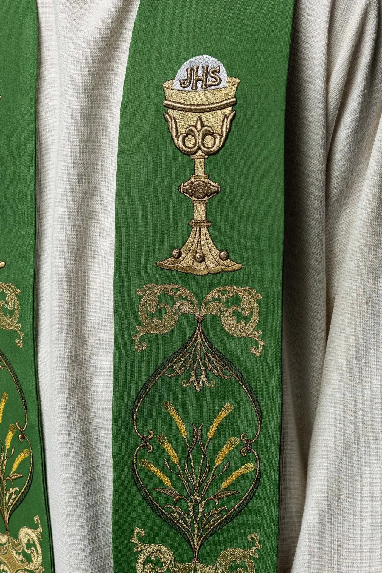 Green priest's stole IHS chalice